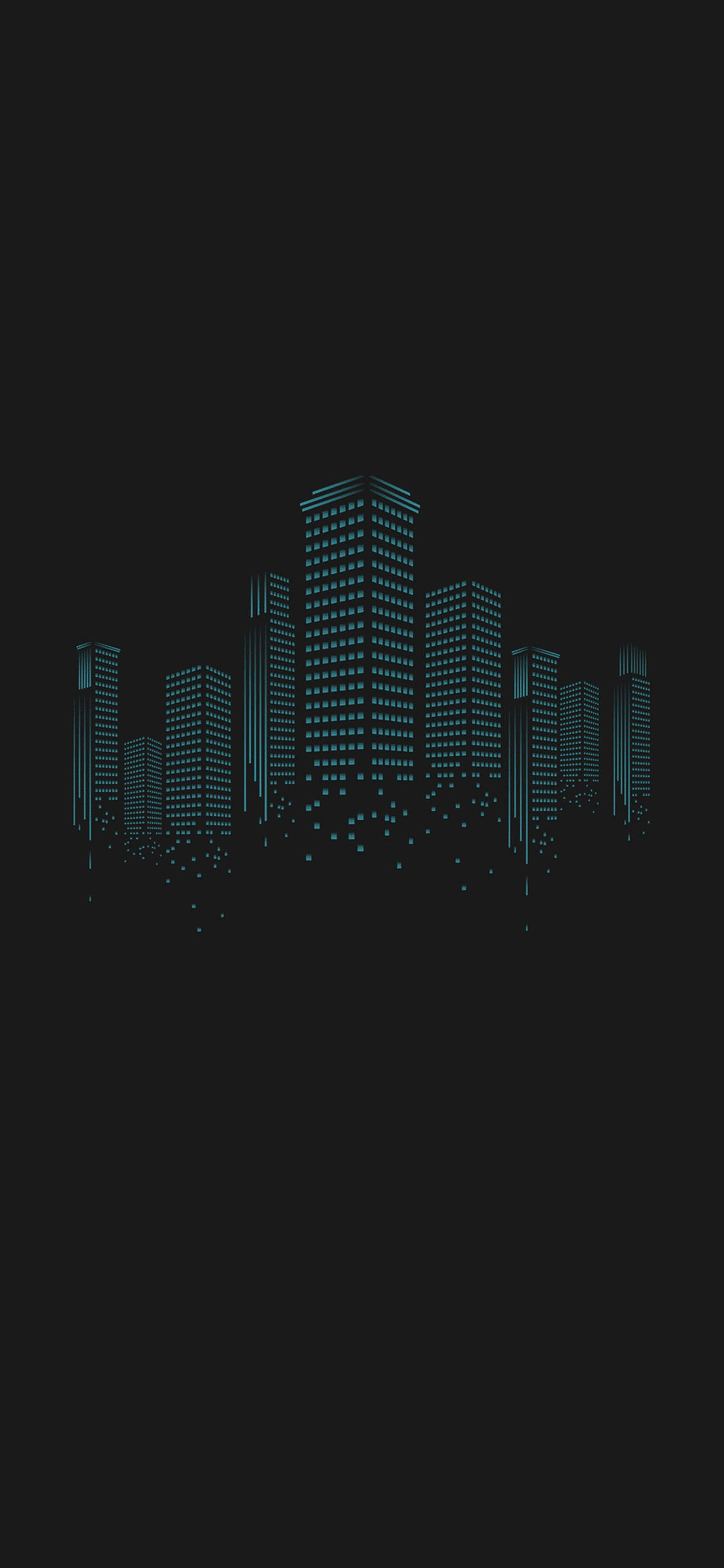 Skyscraper 桌布 壁紙 — 夜晚城市天際線的剪影，在深色背景上閃爍著藍色光芒的窗戶。