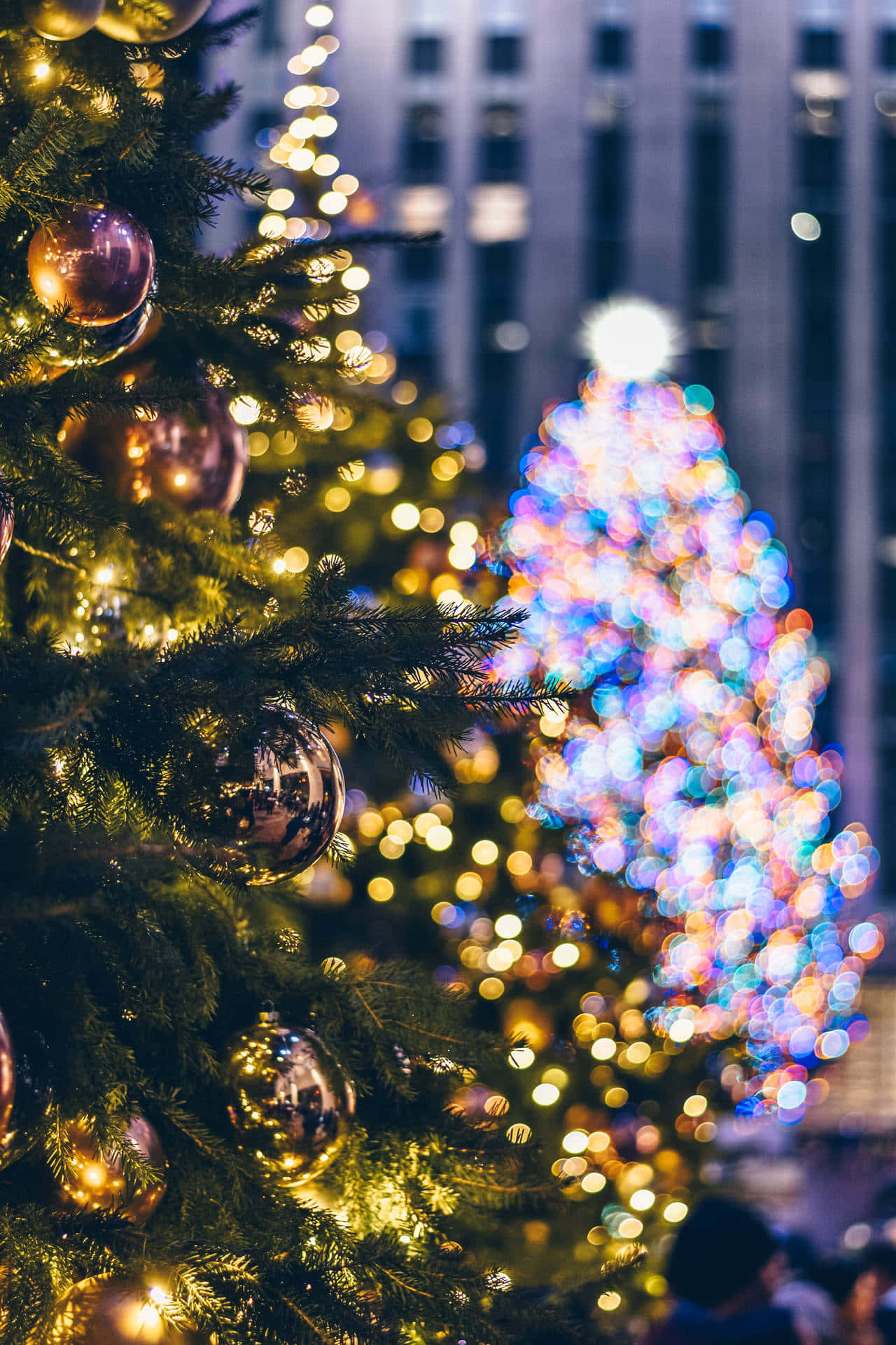 Aesthetic Christmas Laptop 桌布 壁紙 — 夜晚城市天際線背景下，裝飾著金色飾品和散景燈光的聖誕樹特寫。