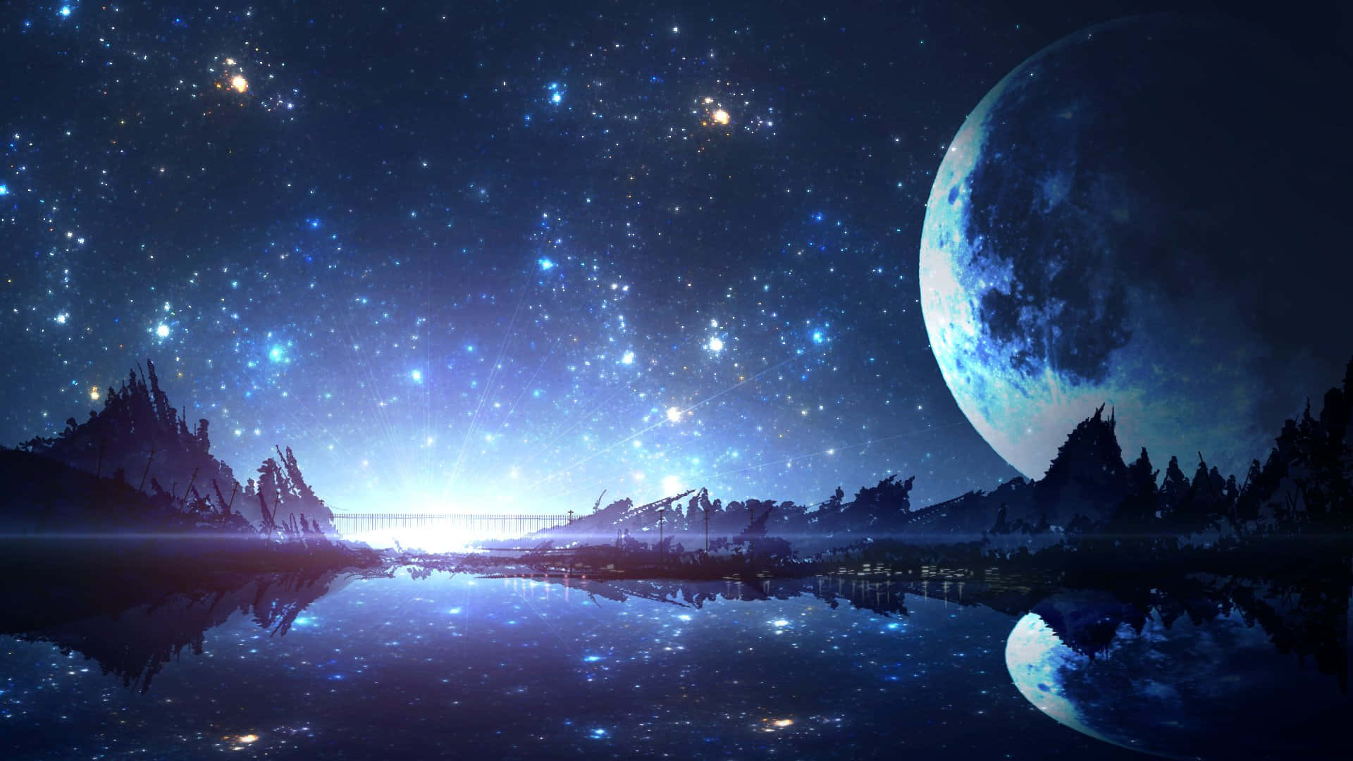 Manga Universe 桌布 壁紙 — 夜晚寧靜的外星風景，巨大的月亮和星空倒映在平靜的湖面上，周圍是鋸齒狀的山脈。