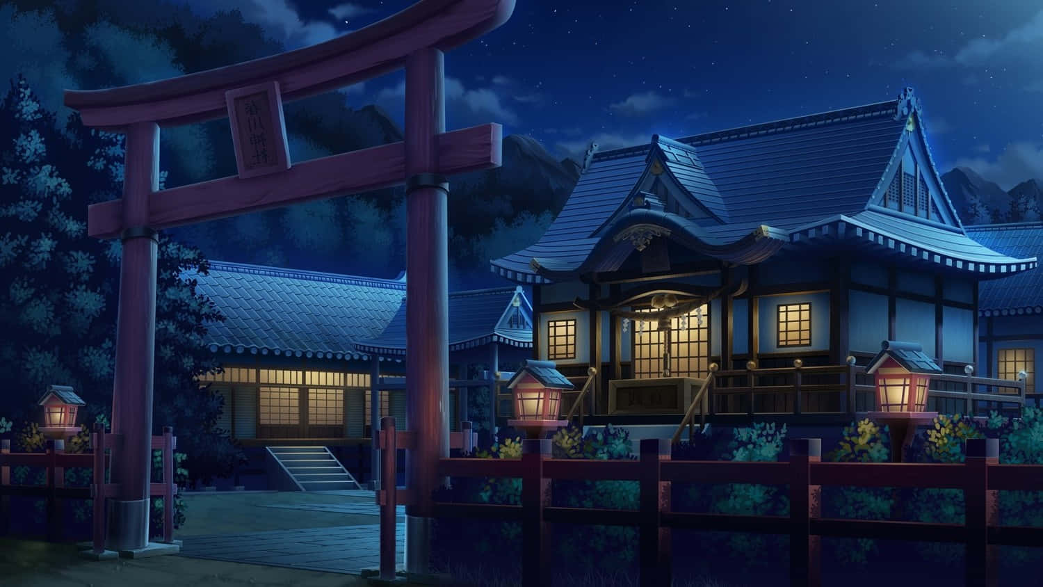 Anime Night 桌布 壁紙 — 夜晚寧靜的日本神社，燈籠閃爍，鳥居聳立，星空璀璨。
