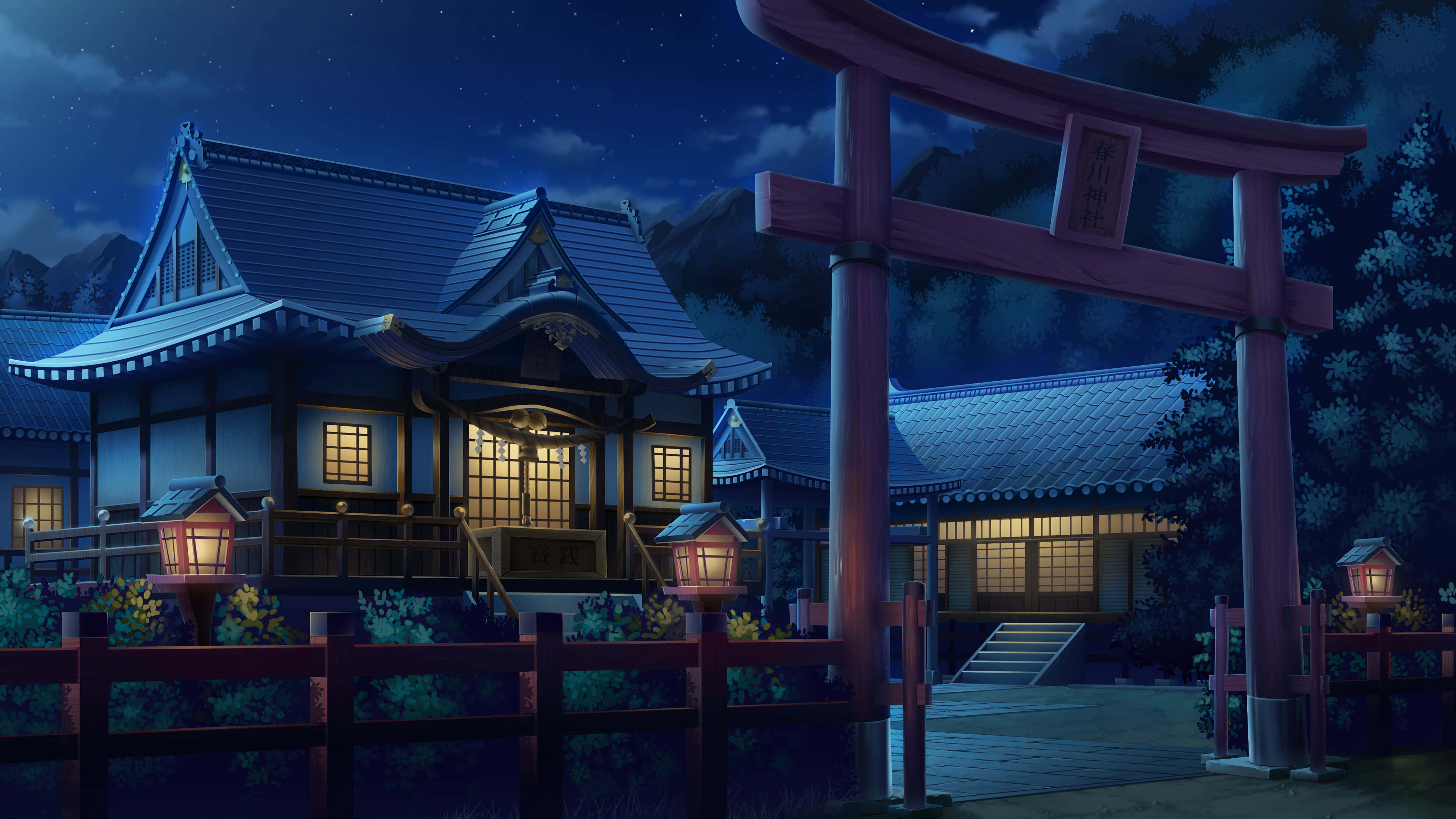 Shinto 桌布 壁紙 — 夜晚寧靜的日本神社，燈籠閃爍，鳥居聳立，星空璀璨。