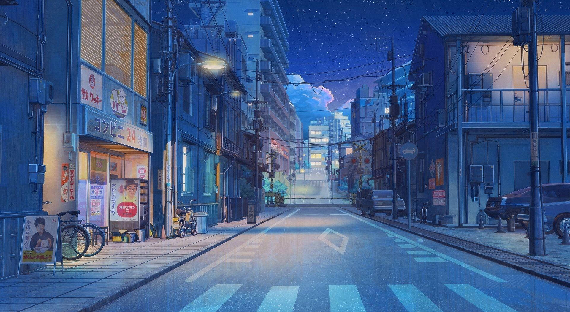 桌布 壁紙 — 夜晚寧靜的日本街道，發光的商店招牌和濕漉漉的人行道反射著星空和街燈。