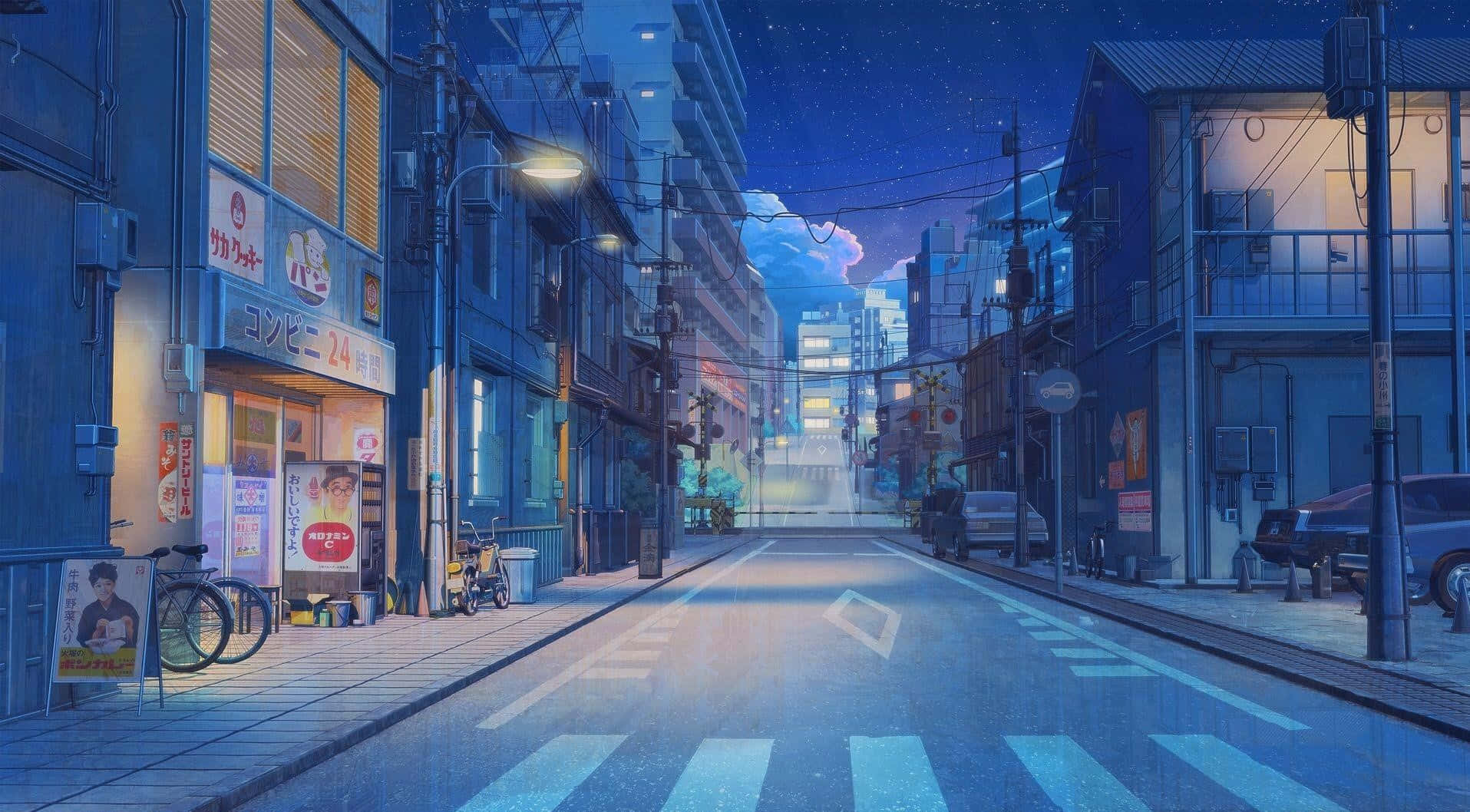 桌布 壁紙 — 夜晚寧靜的日本街道，發光的商店招牌和星空映照在潮濕的人行道上。