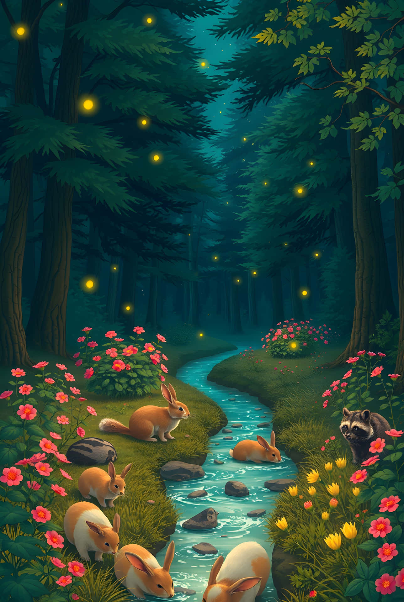 Enchanted Firefly Forest 壁紙 — 夜晚寧靜的森林溪流閃爍著螢火蟲，兔子和浣熊聚集在粉紅色和黃色的花朵中。