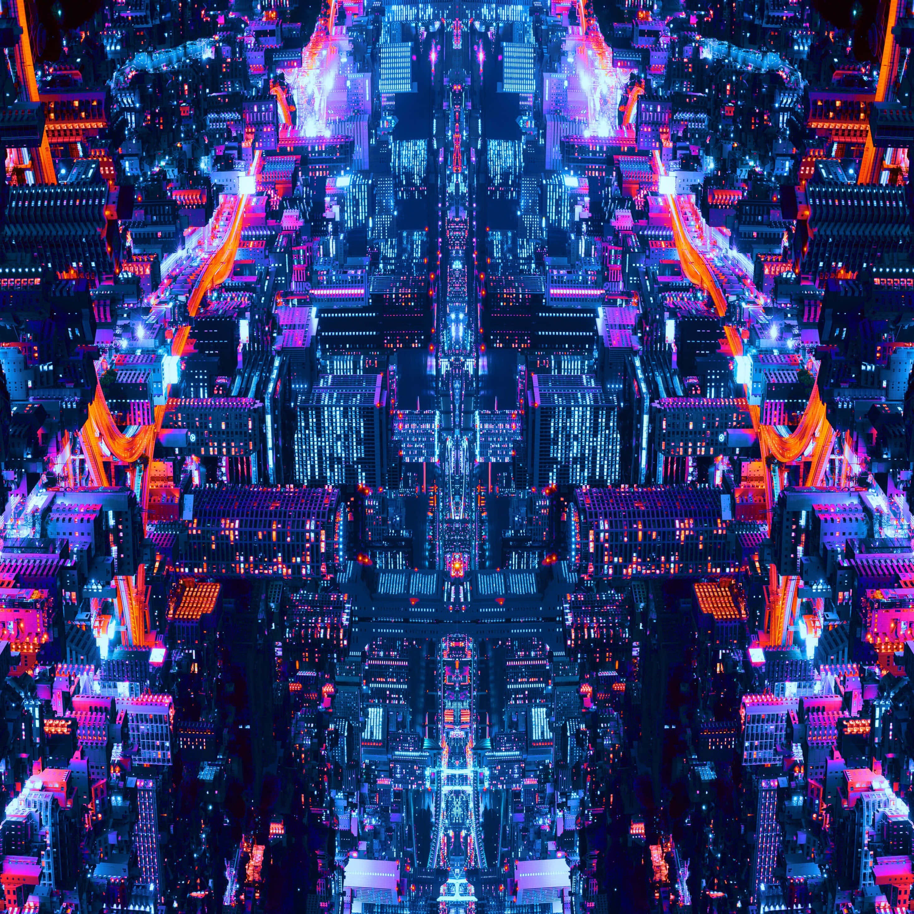 高清 桌布 壁紙 — 夜晚對稱的賽博龐克城市景觀，發光的霓虹藍色和粉紅色摩天大樓在鏡面表面上反射。