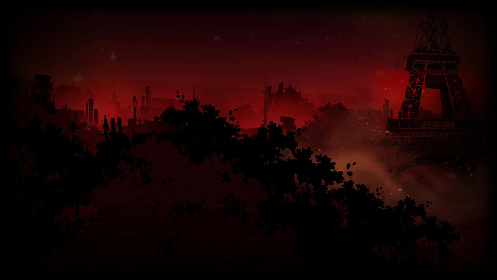 Red Gaming 桌布 壁紙 — 夜晚巴黎天際線籠罩在詭異的紅色調中，艾菲爾鐵塔在血紅色的天空下呈現剪影。