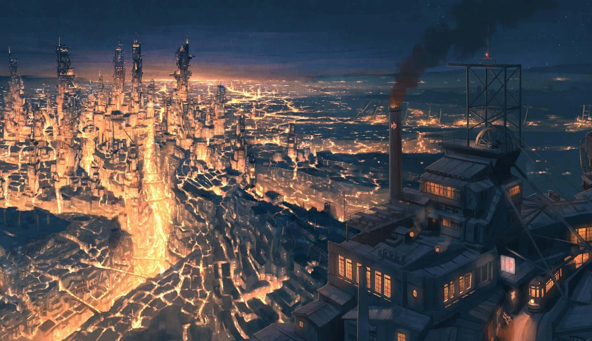 Industrious 桌布 壁紙 — 夜晚廣闊的未來城市，發光的橙色熔岩流照亮了崎嶇的懸崖和高聳的工業建築。