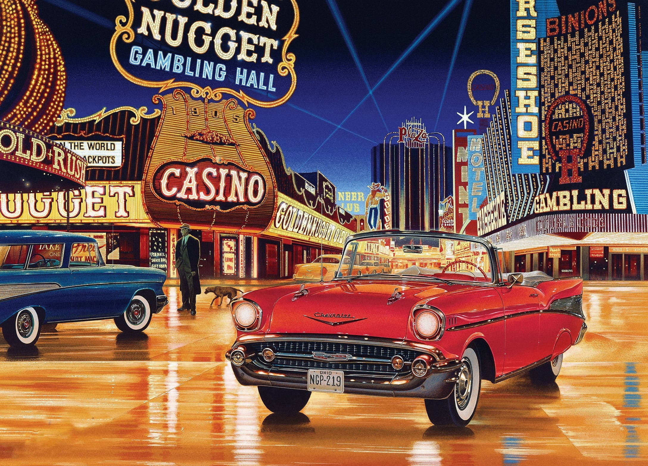 Las Vegas Night 桌布 壁紙 — 夜晚拉斯維加斯一條充滿活力的復古霓虹燈街道，經典汽車和閃爍的賭場招牌倒映在潮濕的路面上。