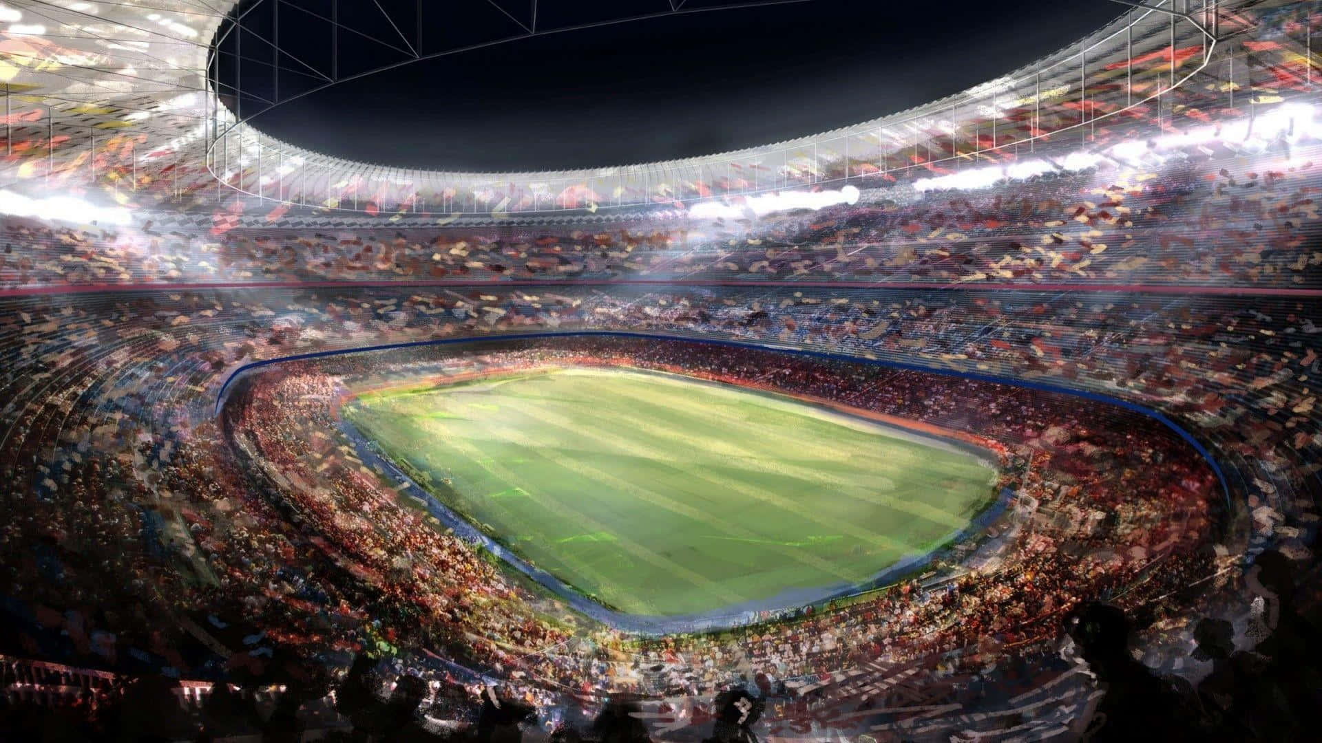 Soccer Stadium 桌布 壁紙 — 夜晚擠滿人群的足球場鳥瞰圖，閃爍的泛光燈照亮了充滿活力的綠色球場。