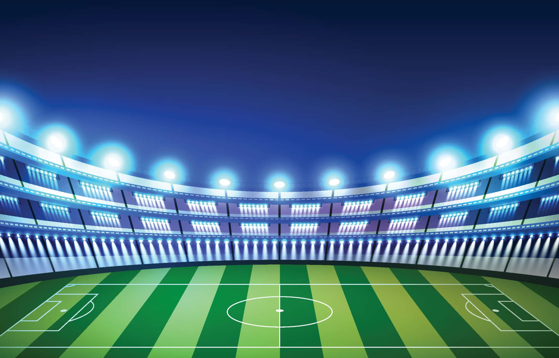 Stadium 桌布 壁紙 — 夜晚明亮照明的足球場，閃爍的泛光燈照亮了綠色條紋球場。