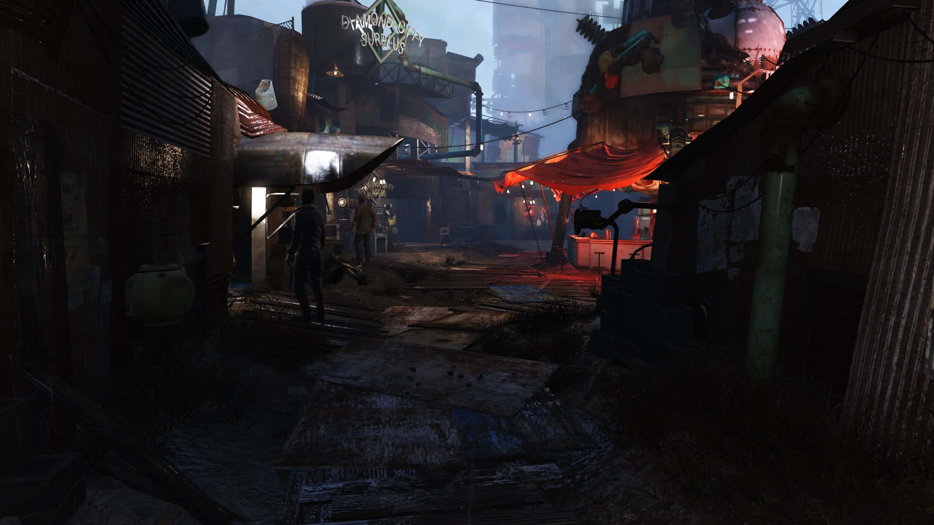 Diamond City 桌布 壁紙 — 夜晚昏暗的城市小巷，霓虹燈牌和雨水濕滑的路面反射出橙色和藍色的燈光。