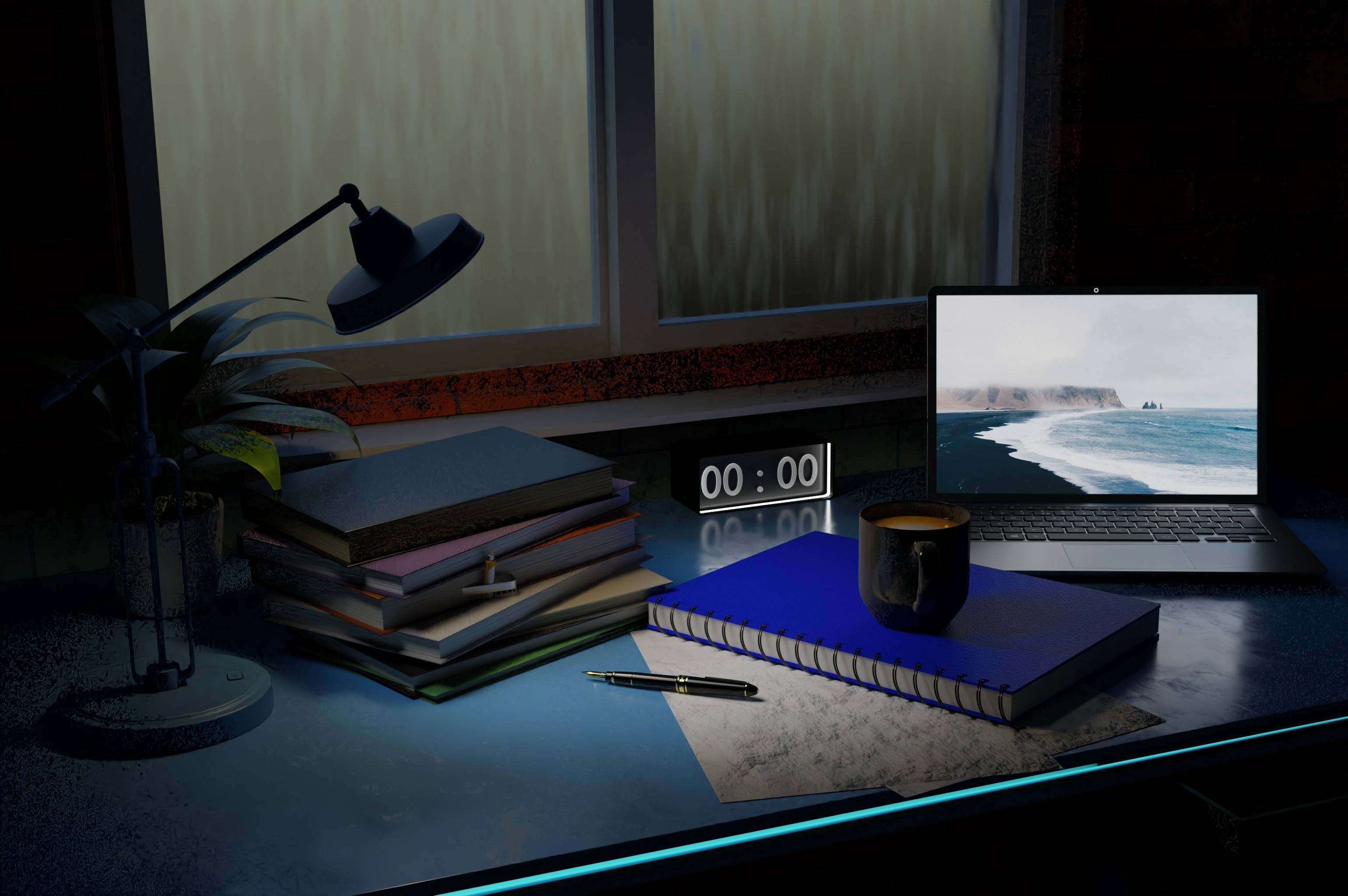 3d Laptop 桌布 壁紙 — 夜晚昏暗的書桌上，一部筆記型電腦顯示著暴風雨中的海洋場景，一個冒著熱氣的馬克杯，以及一疊書本在一盞聚焦的燈下。