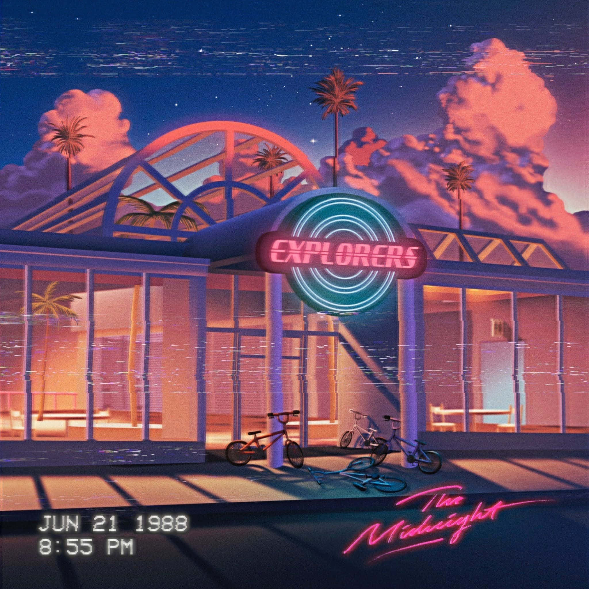 美學 iPad 壁紙 桌布 壁紙 — 夜晚星空下，一座名為「Explorers」的復古未來風格霓虹燈建築，周圍有棕櫚樹和腳踏車。