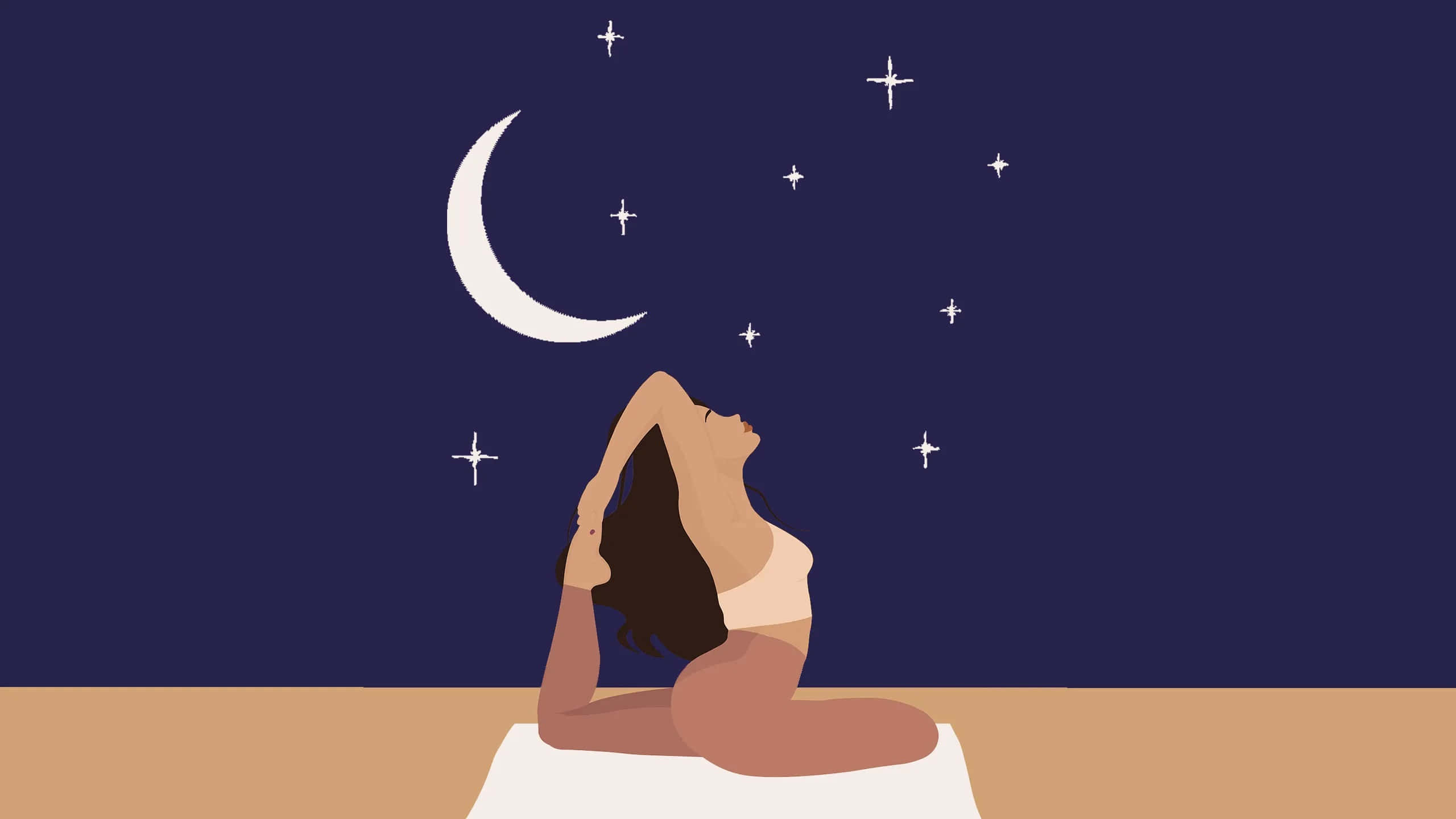 夜晚月光與星空下做瑜珈的女性 壁紙