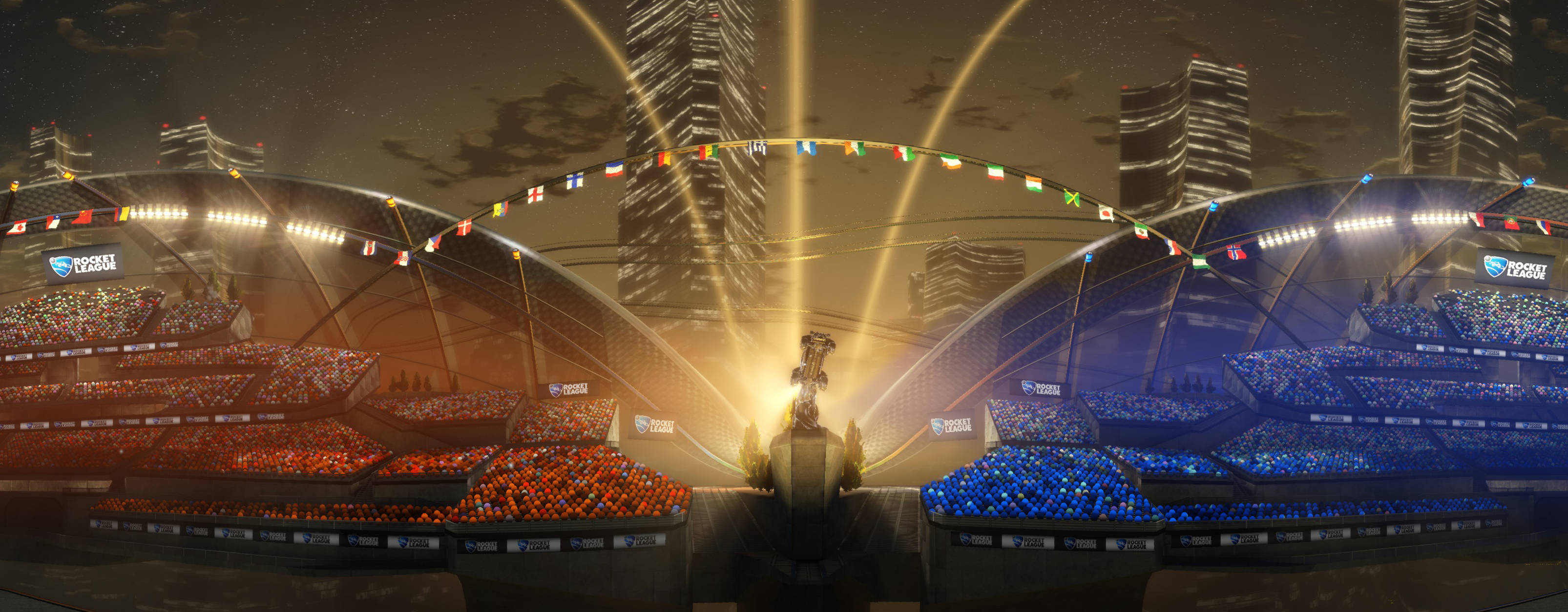 4K 火箭聯盟 桌布 壁紙 — 夜晚未來主義體育館的全景視圖，紅色和藍色的人群在閃爍的聚光燈和城市摩天大樓下。