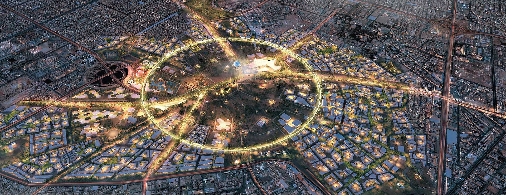 Saudi 桌布 壁紙 — 夜晚未來城市的鳥瞰圖，發光的圓形光跡連接照明建築物和道路。