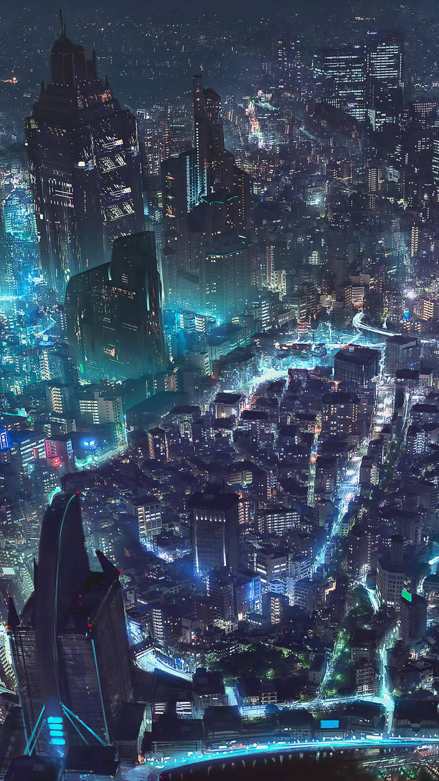 電玩遊戲 桌布 壁紙 — 夜晚未來城市的鳥瞰圖，閃爍的霓虹燈和高聳的摩天大樓。