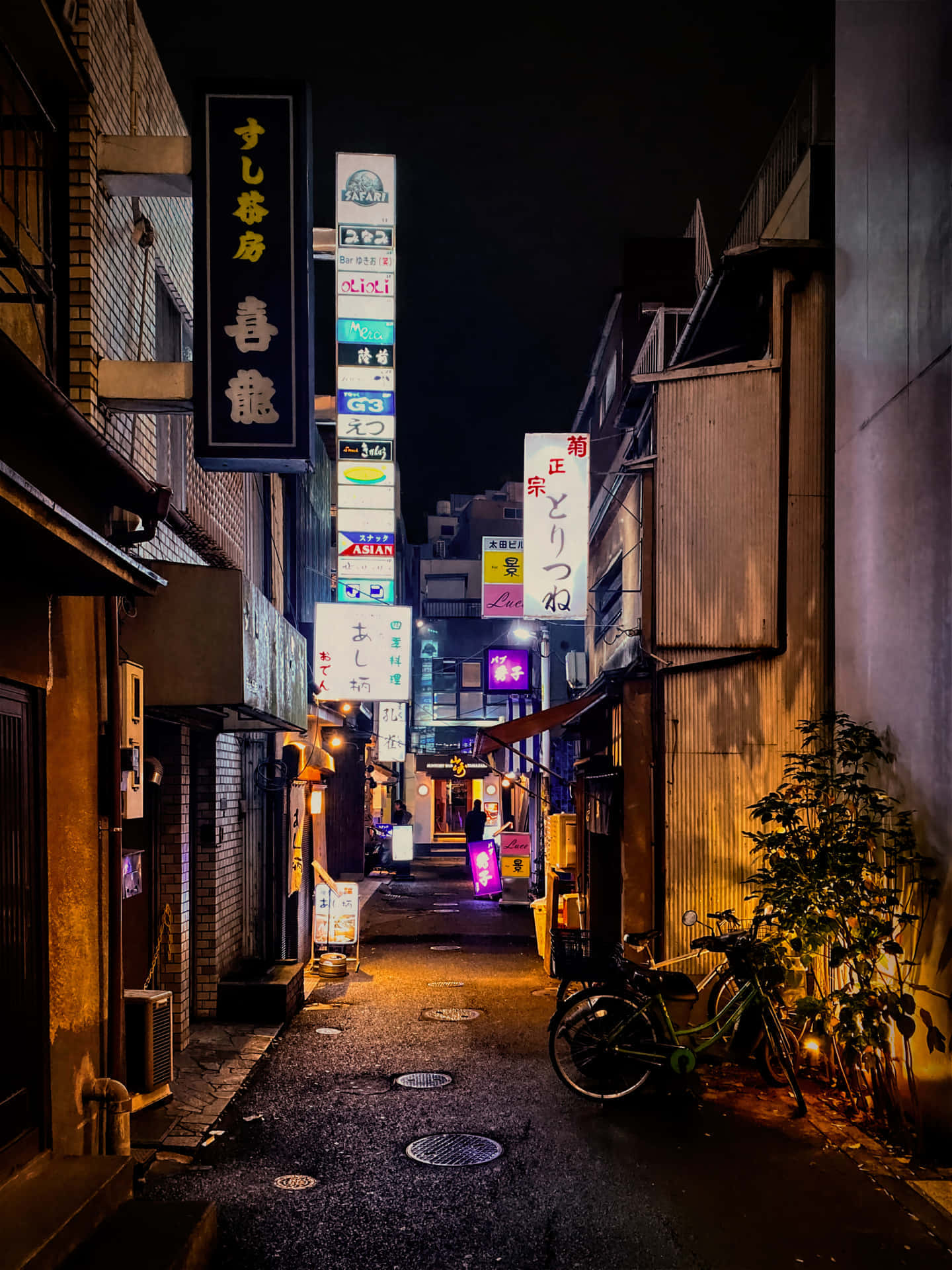 Japanese Aesthetic HD 桌布 壁紙 — 夜晚東京一條狹窄小巷，被發光的霓虹燈招牌和溫暖的路燈照亮，投下長長的影子。