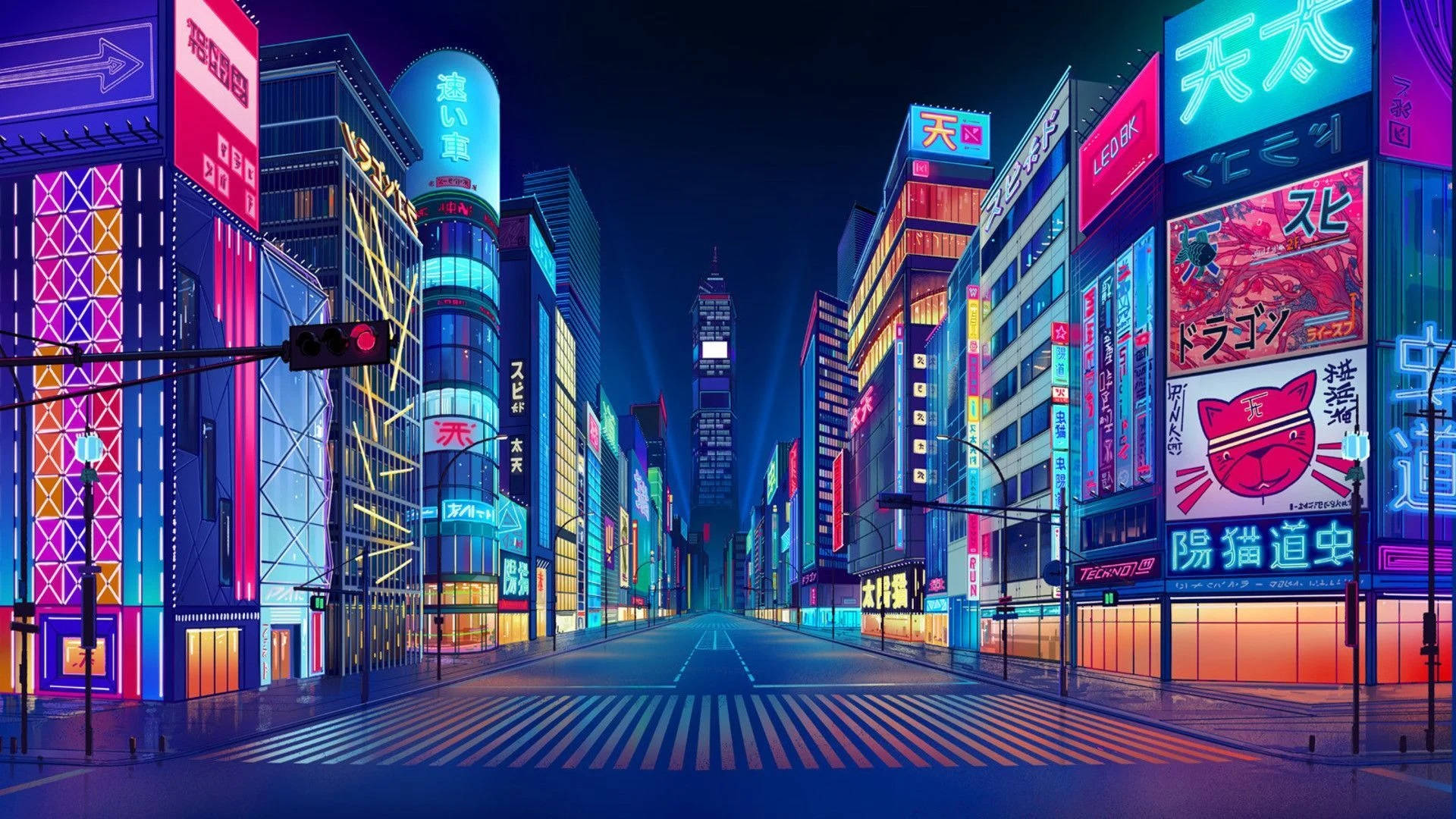 Purple Aesthetic Anime 桌布 壁紙 — 夜晚東京充滿活力的霓虹燈街道，閃爍的招牌和空蕩的道路反射出五彩繽紛的燈光。