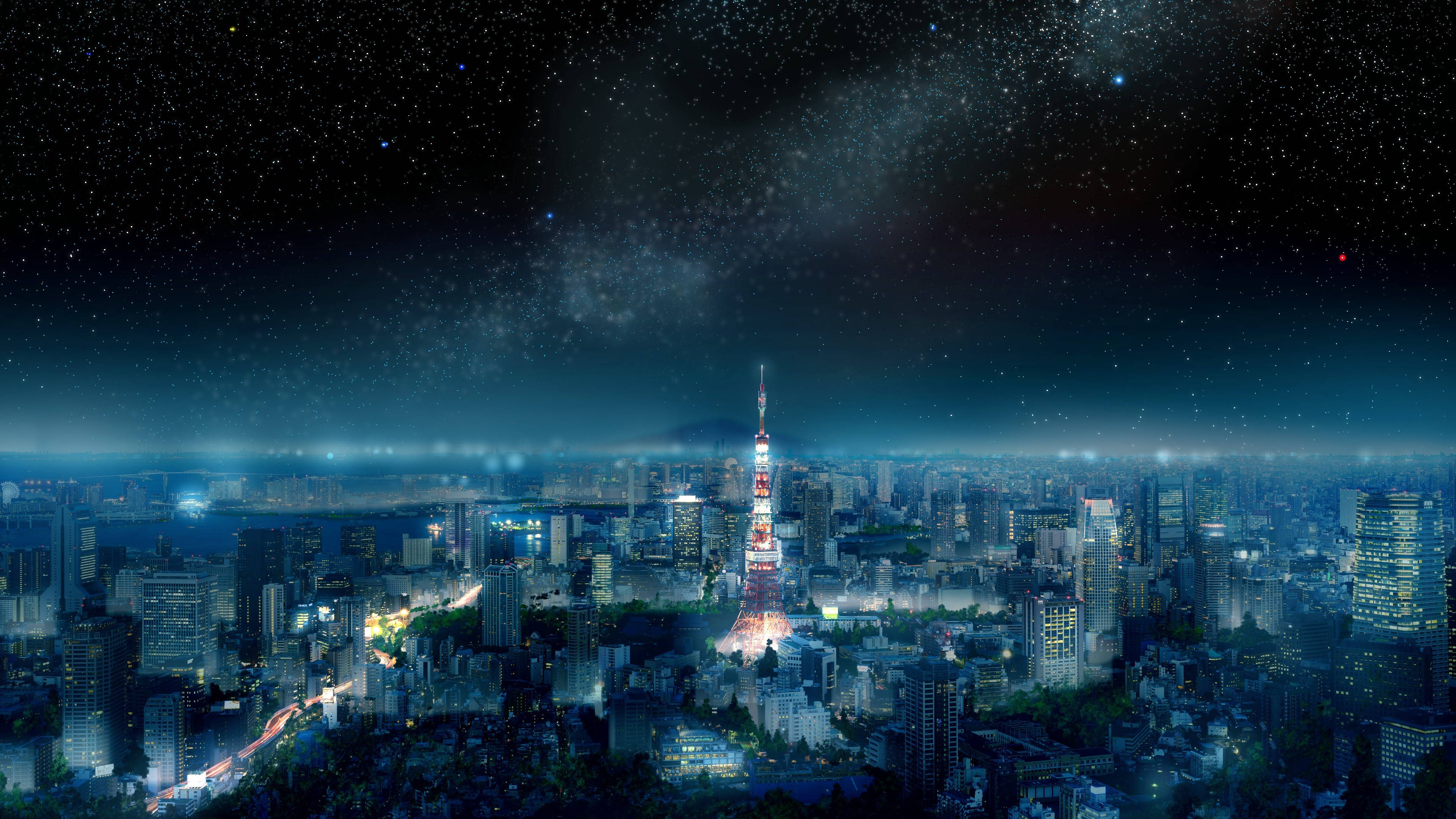 Asia 桌布 壁紙 — 夜晚東京天際線，發光的塔樓和星空，上方有銀河。