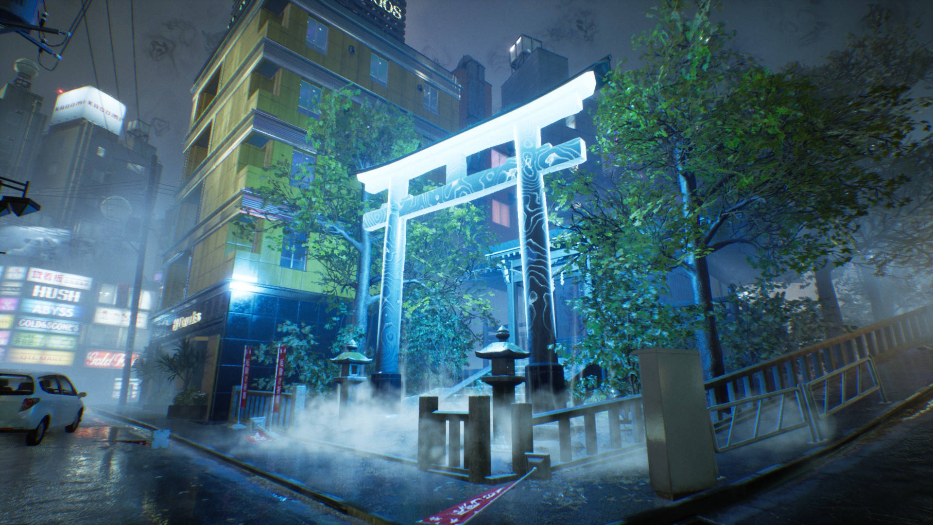 Ghostwire Tokyo 桌布 壁紙 — 夜晚東京霓虹燈照亮的街道上，一座發光的白色鳥居矗立在霧雨中，潮濕的路面反射著城市的燈光。