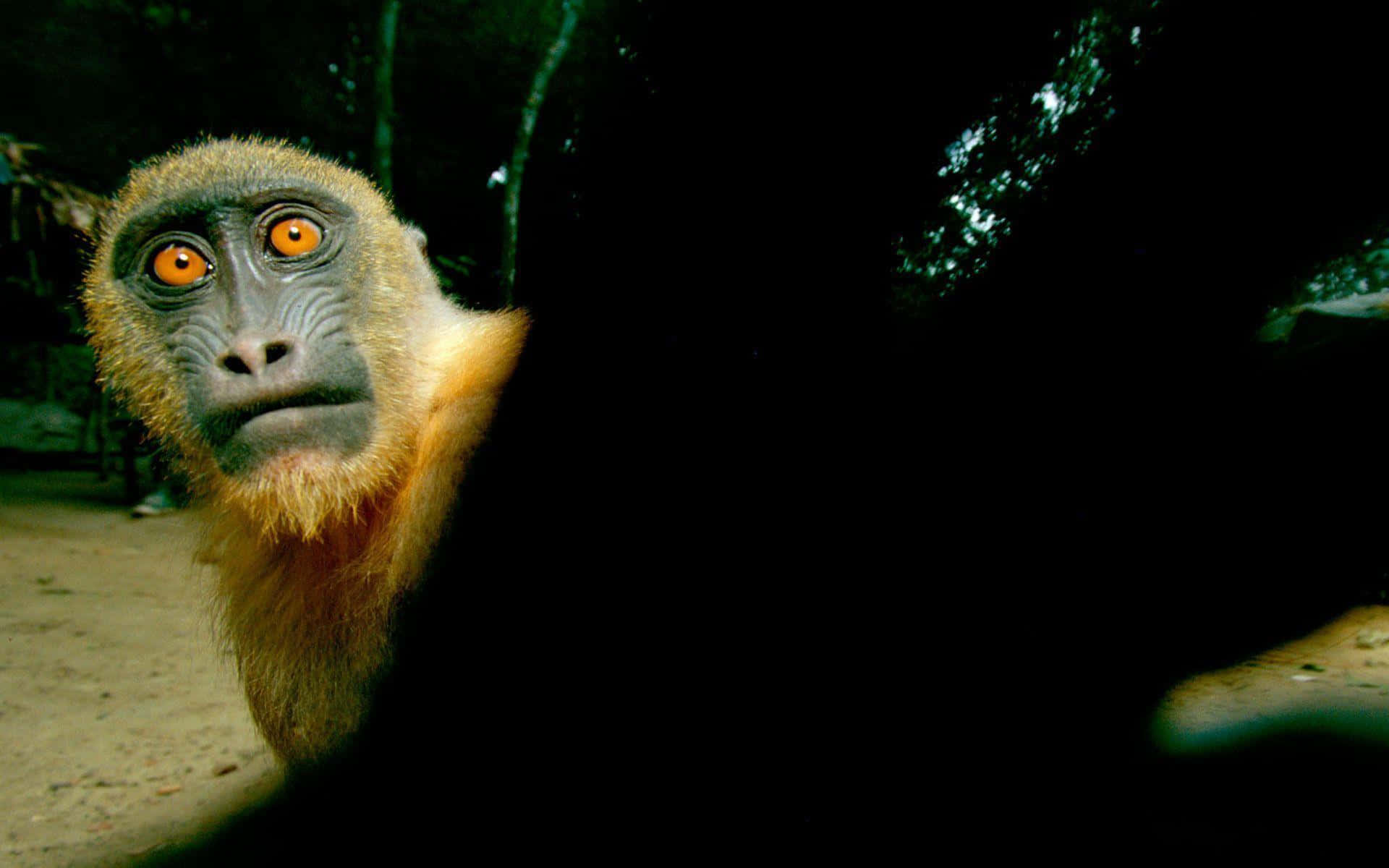 Funny Monkey 桌布 壁紙 — 夜晚森林的黑暗中，一隻擁有發光橙色眼睛的猴子近距離窺視。