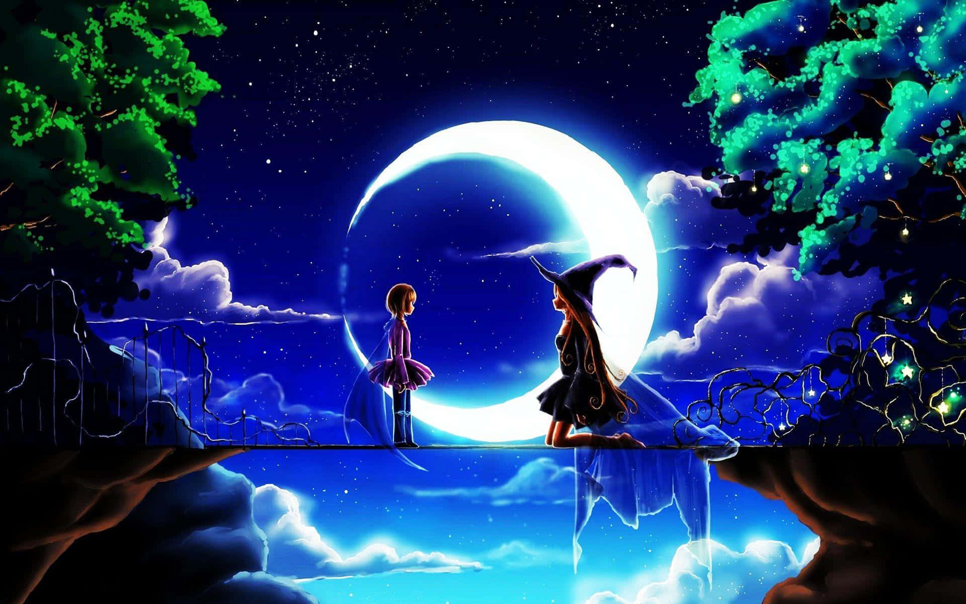 夜晚橋上站著一個女孩和一個男孩 壁紙
