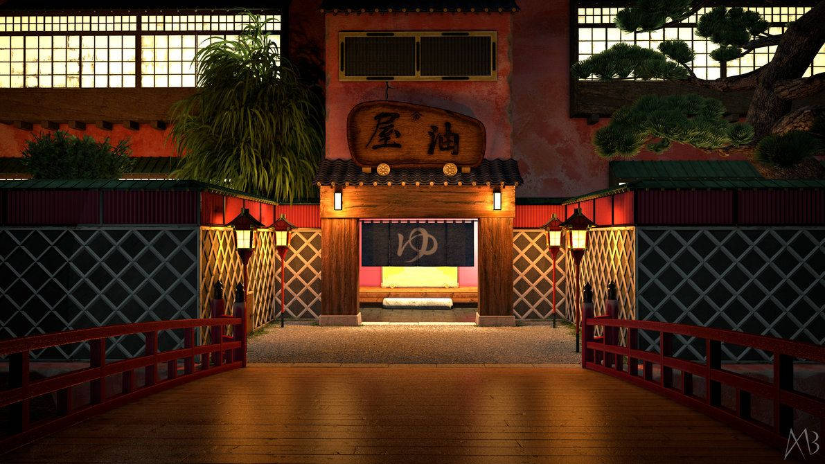 神隱少女 桌布 壁紙 — 夜晚溫暖照明的傳統日本茶室入口，以紅色木橋和發光燈籠為框架。