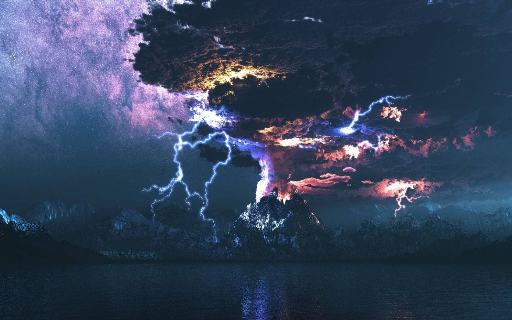 Wither Storm 桌布 壁紙 — 夜晚火山爆發，生動的閃電照亮山湖上方的紫色和粉紅色雲層。