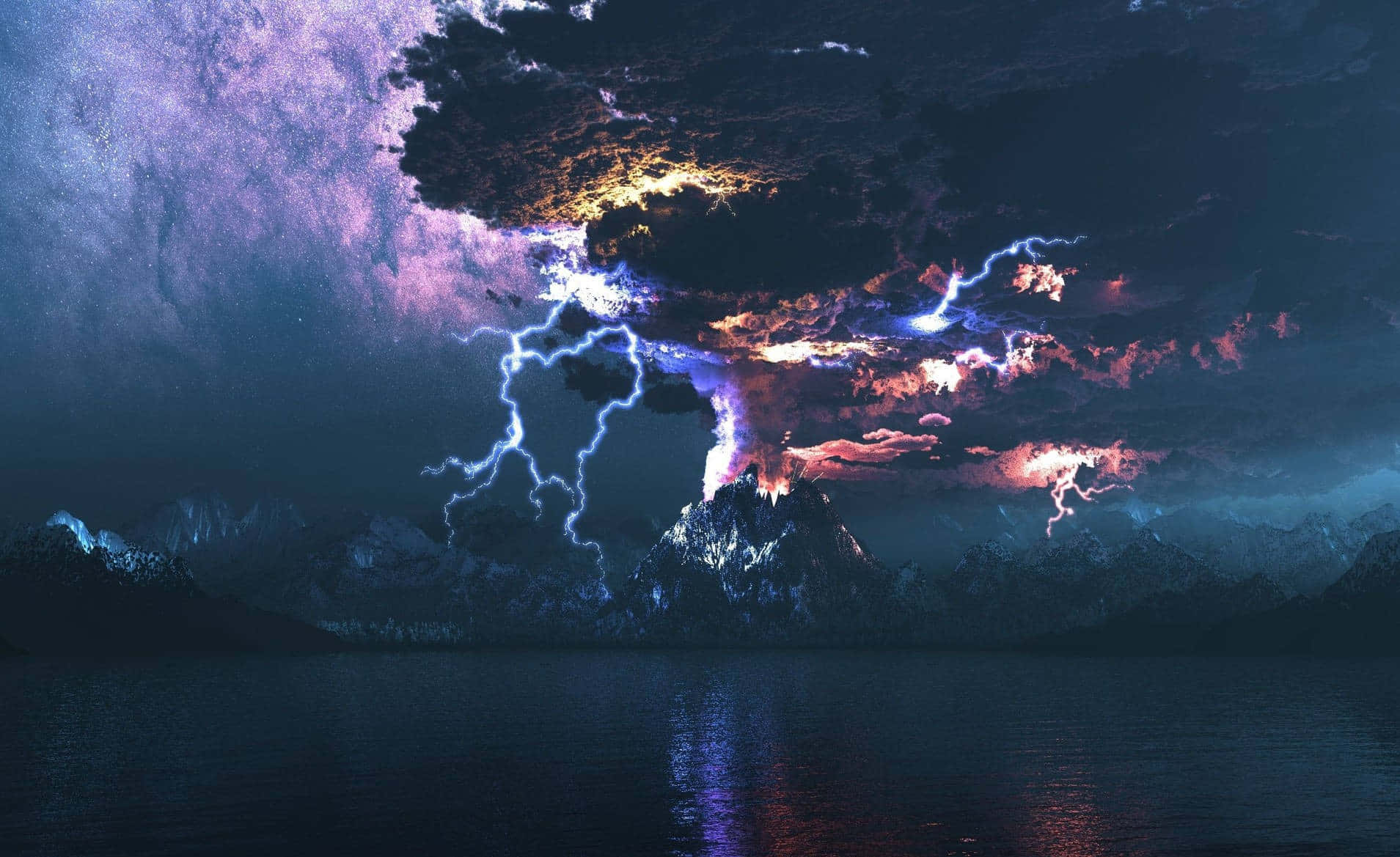 閃電 桌布 壁紙 — 夜晚火山爆發，生動的閃電照亮平靜湖面上方的紫色和橙色雲層。