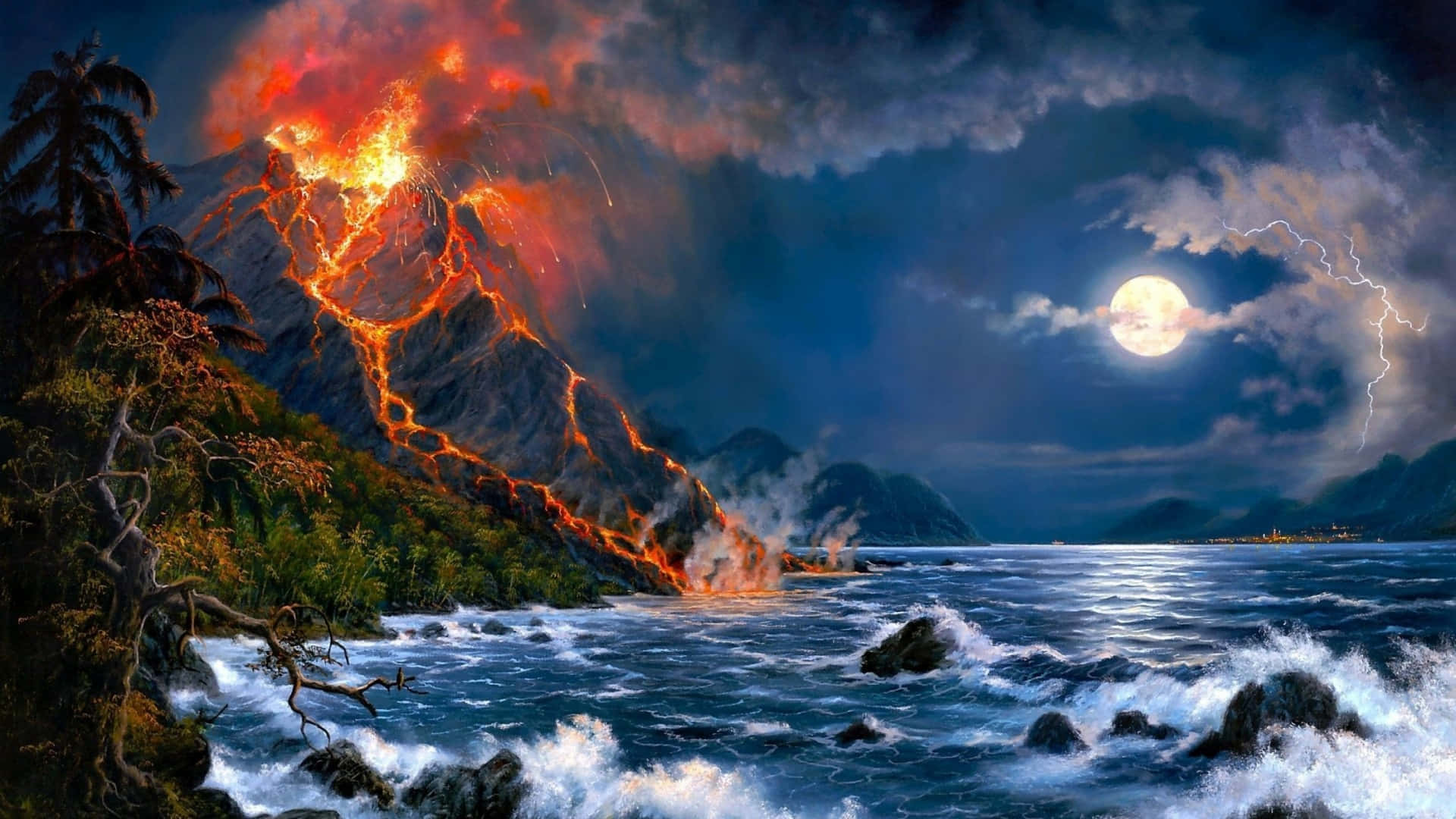 自然 桌布 壁紙 — 夜晚火山爆發，發光的熔岩在滿月和閃電下流入海洋。