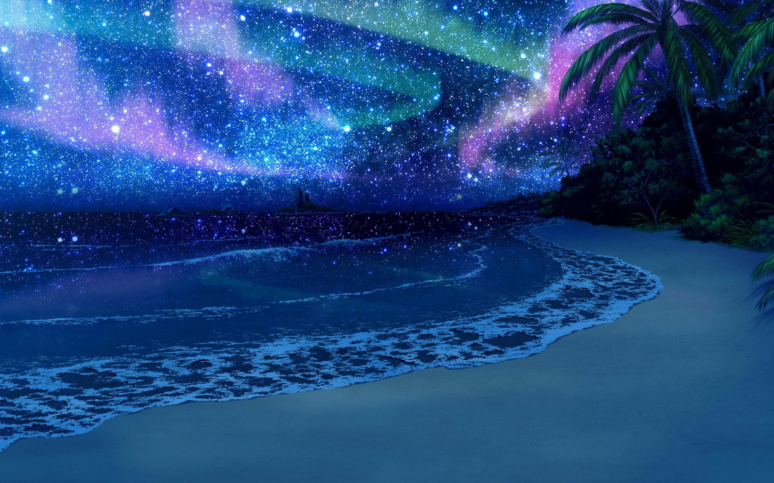 動畫 桌布 壁紙 — 夜晚熱帶海灘的超現實景象，在充滿活力的星空下，北極光在海面上閃耀。