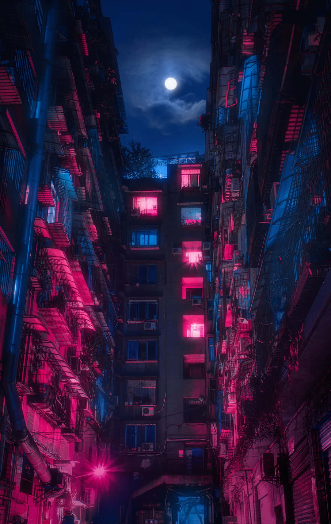 賽博龐克城市 桌布 壁紙 — 夜晚狹窄的城市小巷沐浴在充滿活力的粉紅色和藍色霓虹燈中，上方有一輪滿月。