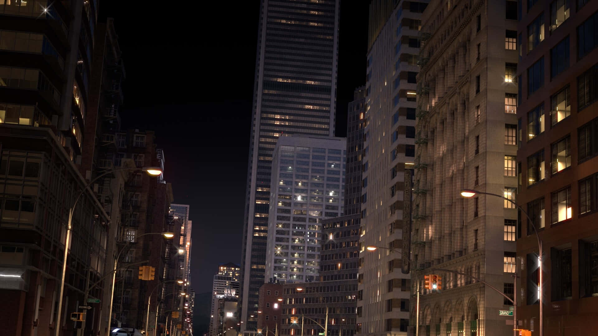 3d City 桌布 壁紙 — 夜晚狹窄的城市街道，兩旁是高聳的摩天大樓，窗戶閃爍著光芒，街燈在潮濕的路面上投下溫暖的光線。