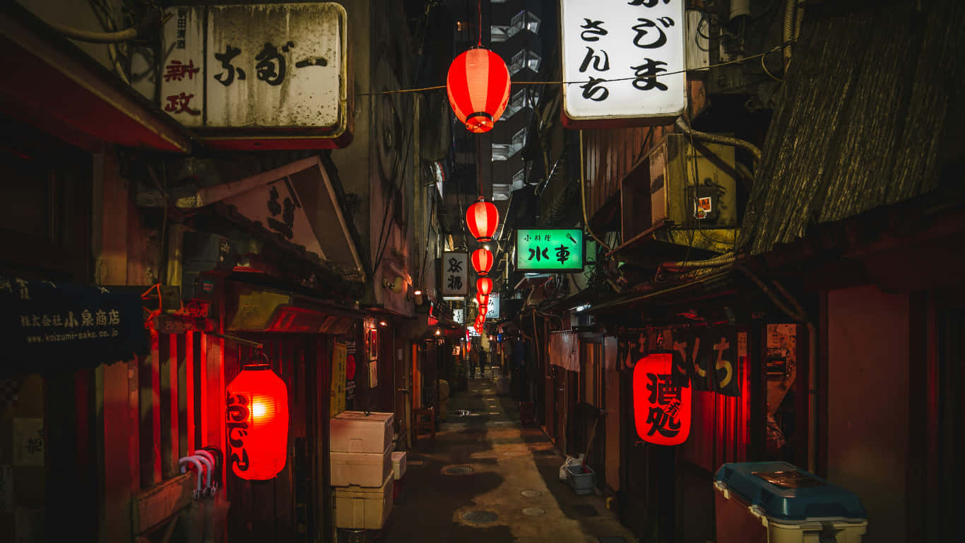 黑色抽象動畫 桌布 壁紙 — 夜晚狹窄的東京小巷，被發光的紅燈籠和帶有日文字符的霓虹燈招牌照亮。