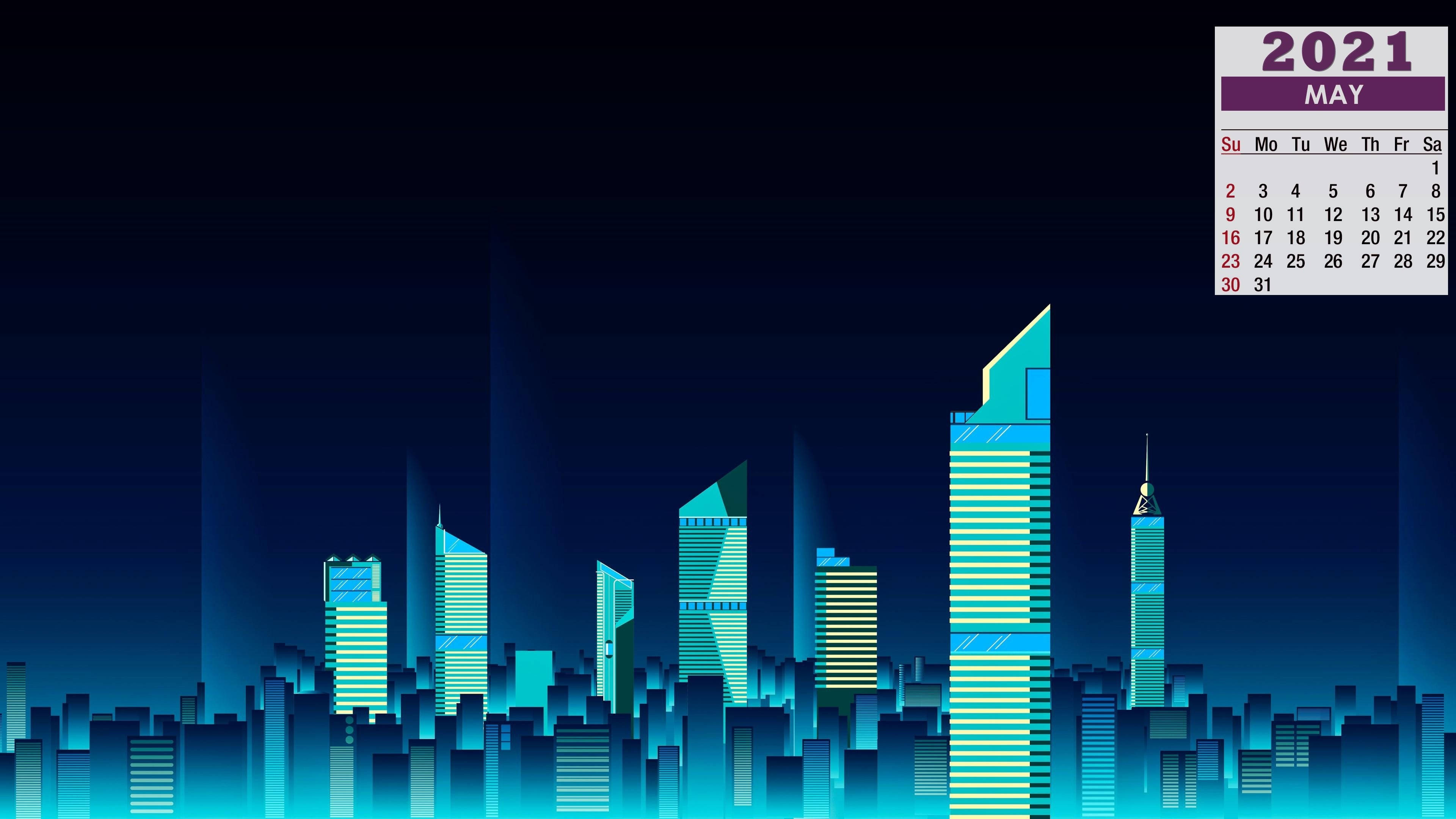 五月 桌布 壁紙 — 夜晚發光的藍色霓虹城市天際線，角落有2021年5月日曆。