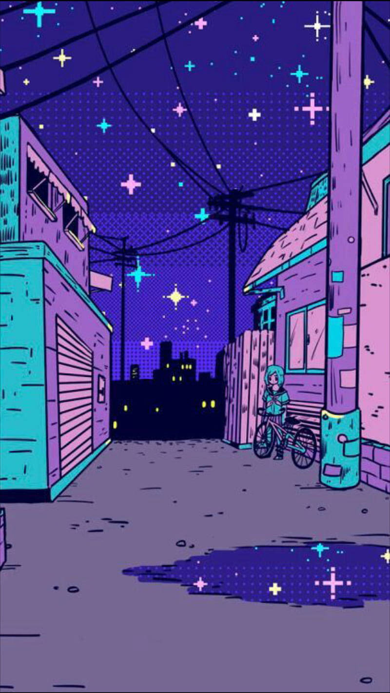 藝術 桌布 壁紙 — 夜晚發光的霓虹小巷，星空下有一個人和腳踏車，還有色彩繽紛的十字形燈光。