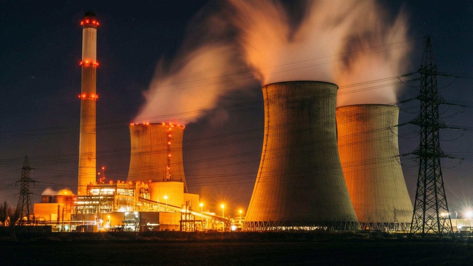 夜晚發電廠 壁紙 — 發電廠中，巨大的照明冷卻塔和煙囪在漆黑的夜空下排放蒸汽。