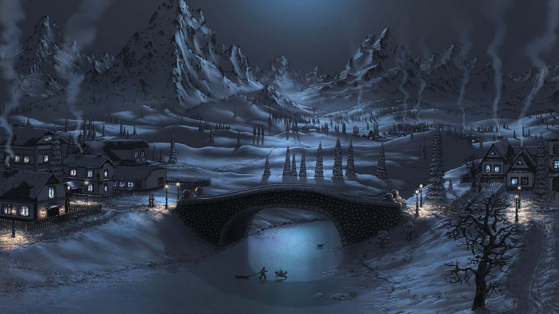 Winter Holiday 桌布 壁紙 — 夜晚白雪覆蓋的山村，窗戶閃爍著光芒，石橋橫跨冰封的河流，天空漆黑一片。
