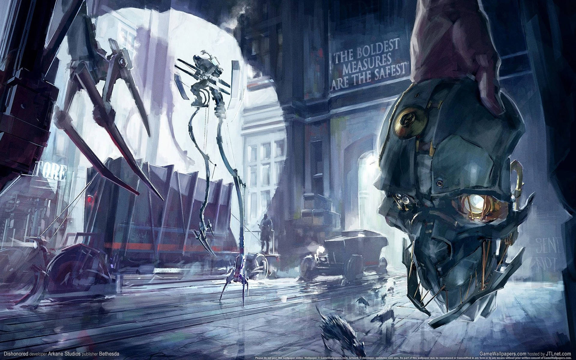 Dishonored 桌布 壁紙 — 夜晚的 dystopian 城市街道，一個巨大的機械頭顱懸浮在濕漉漉的人行道上，機械肢體懸在空中，還有一個寫著「THE BOLDEST MEASURES ARE THE SAFEST」的標誌。