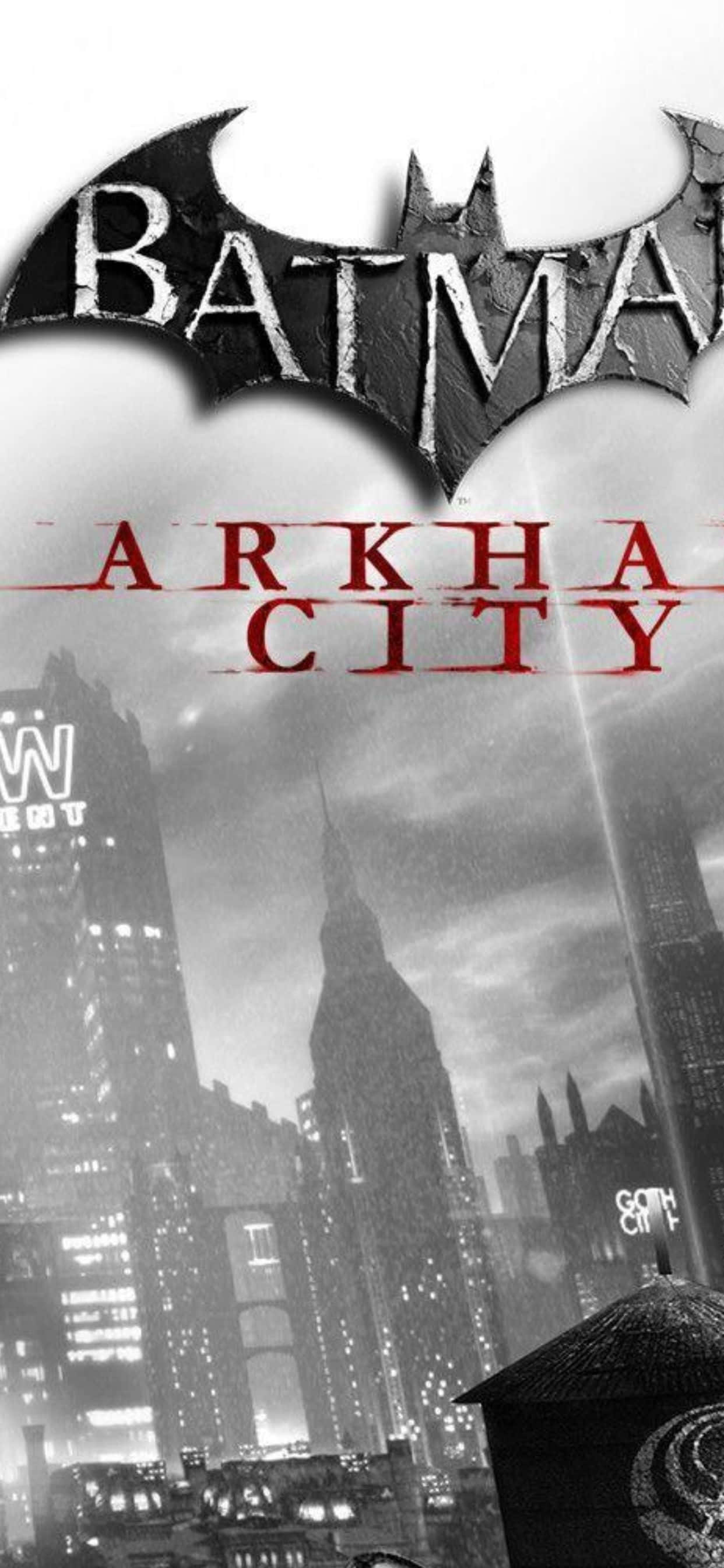 iPhone Xs Max Batman Arkham City 桌布 壁紙 — 夜晚的 gritty 單色城市景觀，蝙蝠俠：阿卡漢城市的標誌聳立在摩天大樓和霓虹招牌之上。