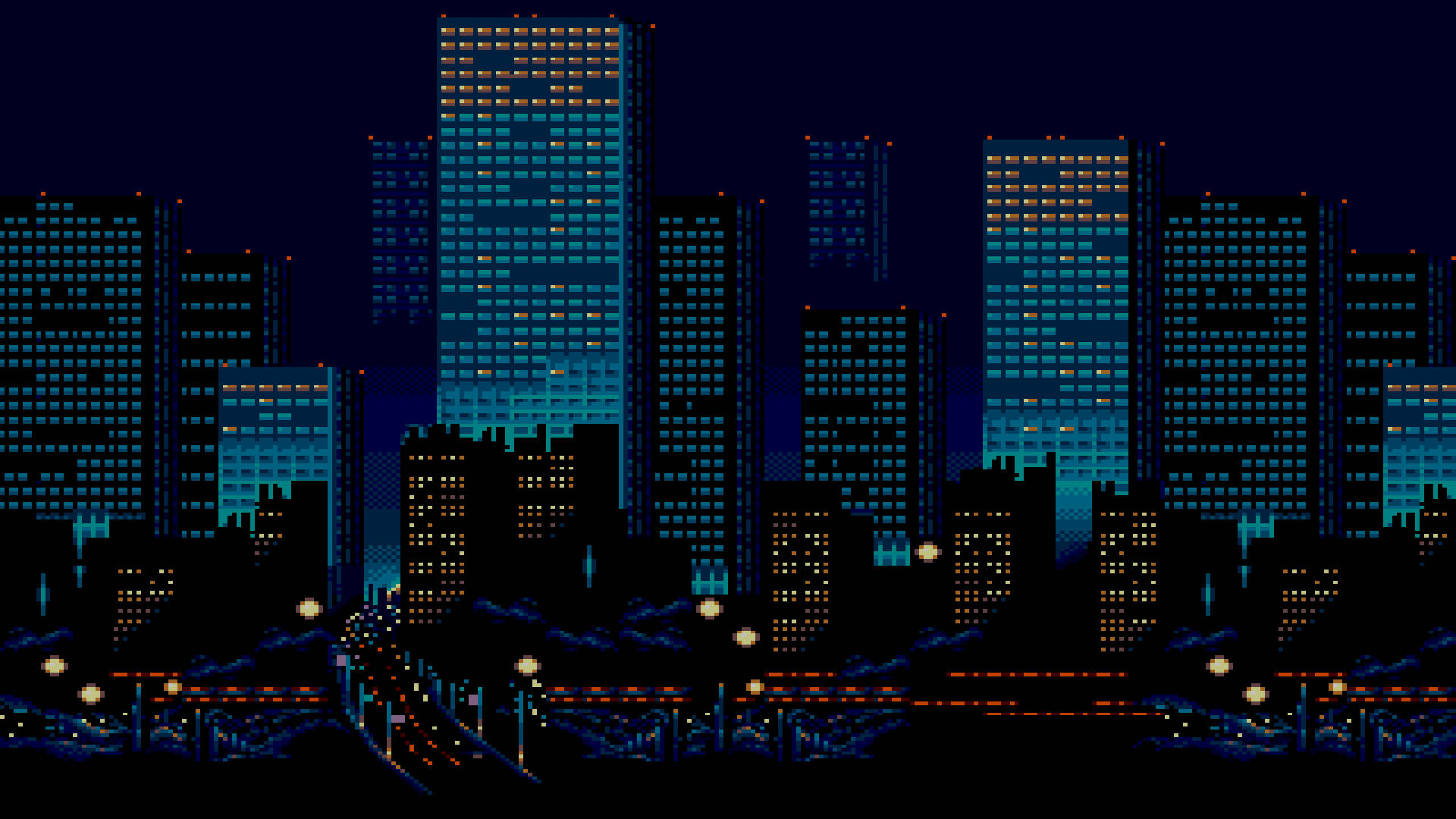 夜晚的像素藝術城市景觀，發光的建築物和街燈。 — Google pixel 壁紙