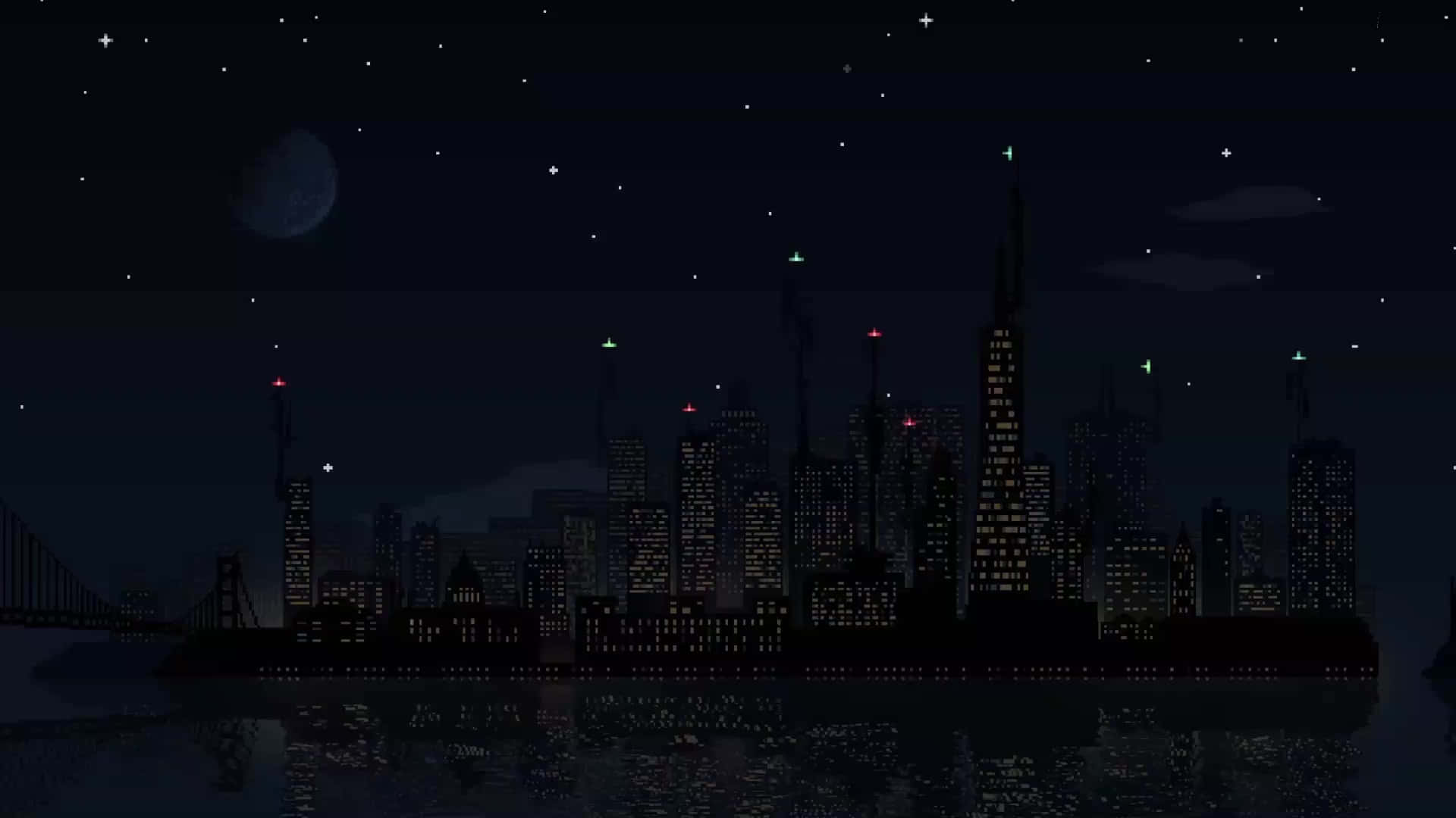 Midnight 桌布 壁紙 — 夜晚的像素藝術城市天際線，帶有發光的窗戶和星空倒映在水中。