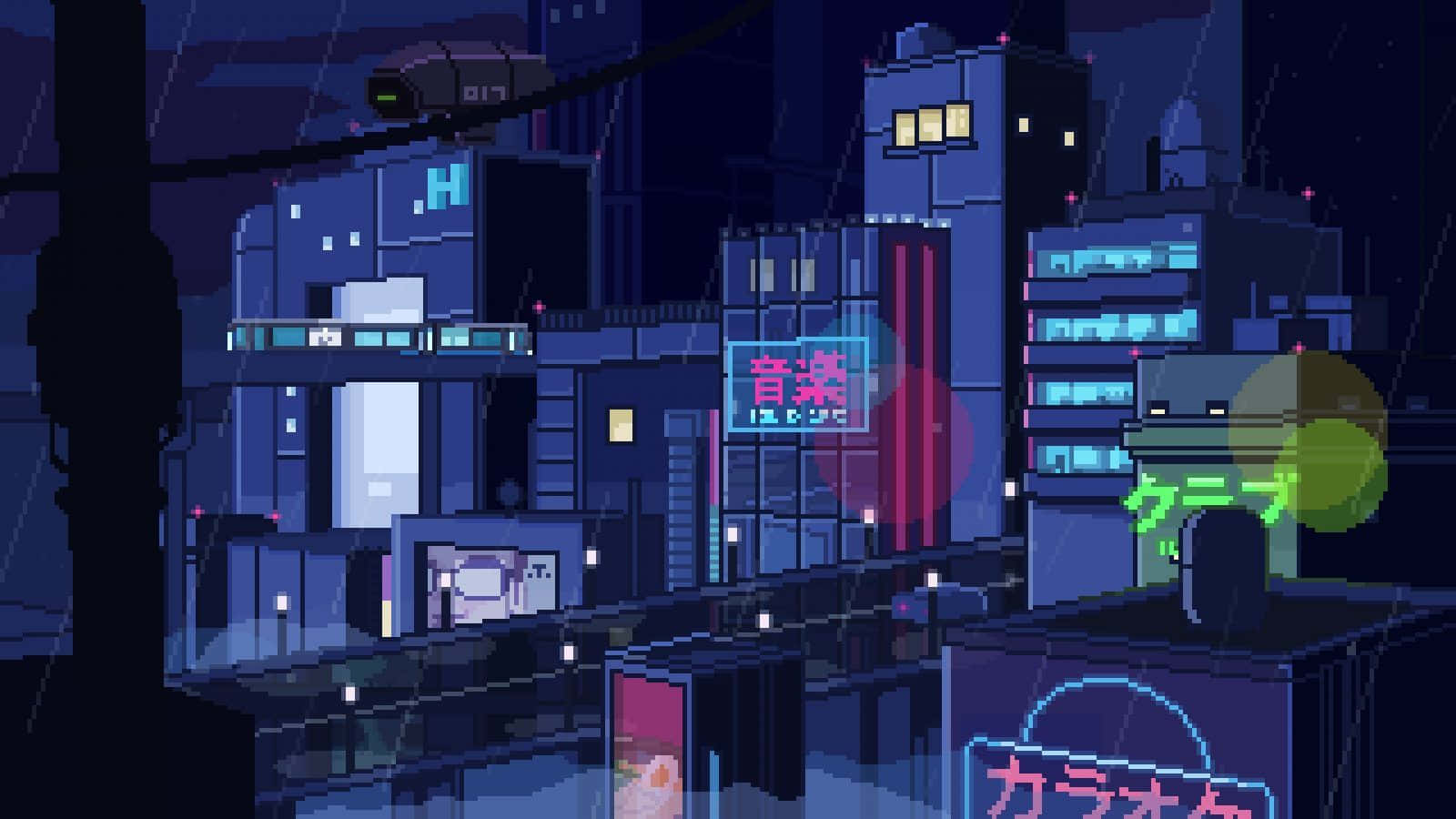 City Night 桌布 壁紙 — 夜晚的像素藝術城市景觀，帶有發光的霓虹燈招牌和落在深藍色建築物上的雨。
