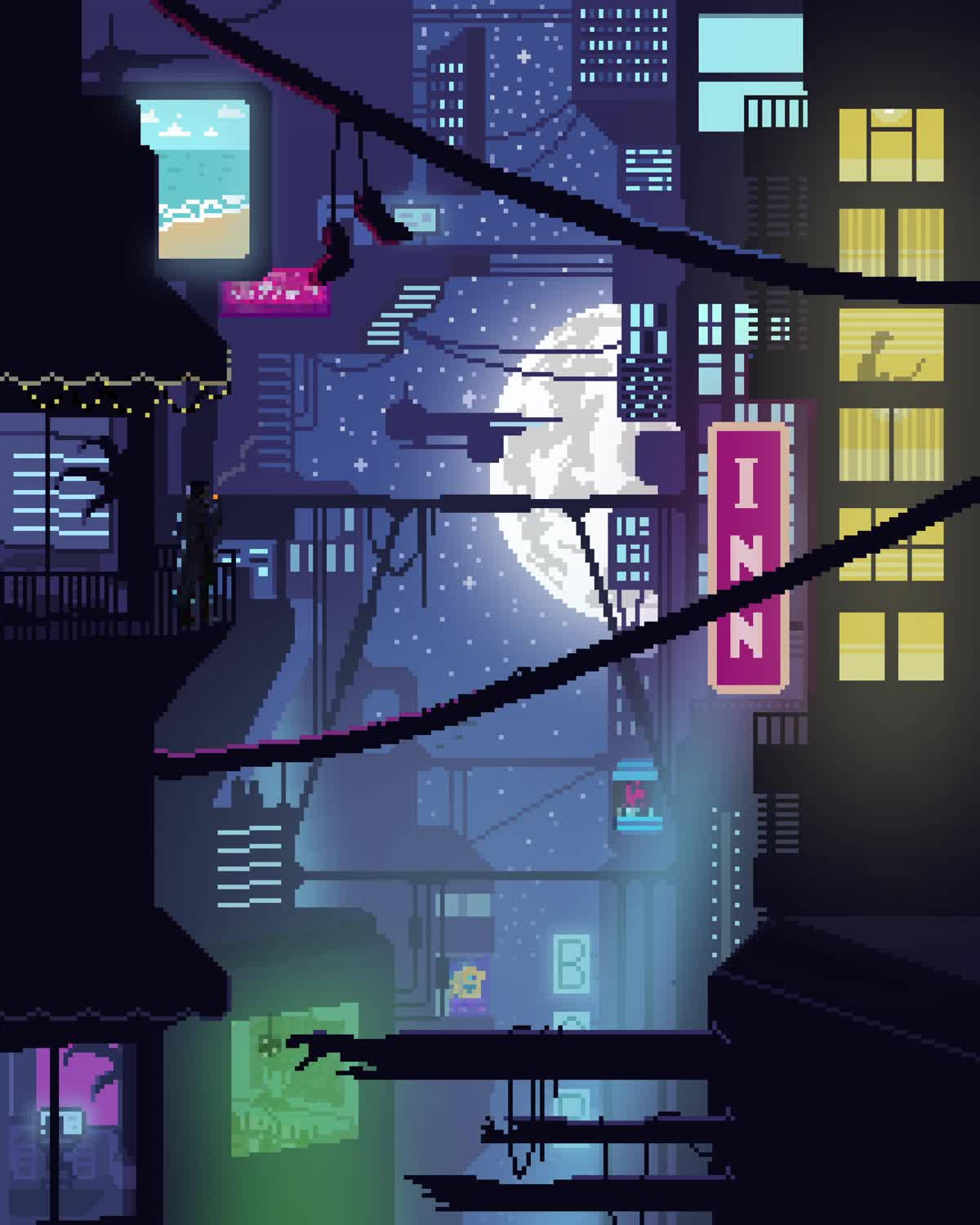 8位元日本 桌布 壁紙 — 夜晚的像素藝術城市景觀，帶有發光的霓虹燈標誌和摩天大樓後面的滿月。
