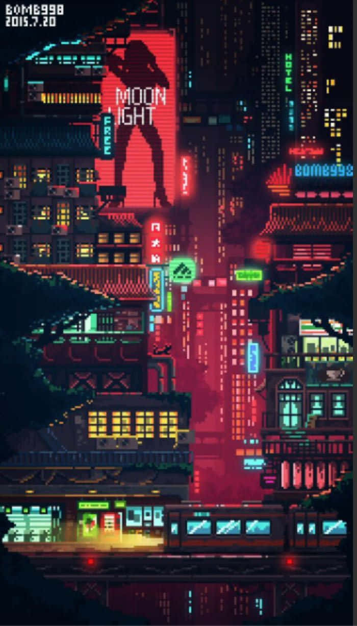 City Night 桌布 壁紙 — 夜晚的像素藝術城市景觀，帶有霓虹燈標誌和一個拿著槍的巨型紅色女性剪影。