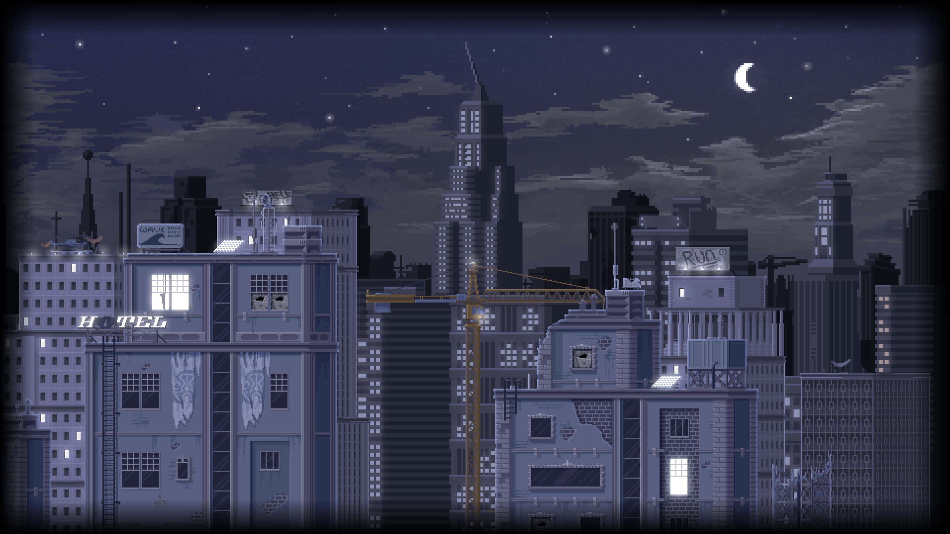 桌布 壁紙 — 夜晚的像素藝術城市景觀，新月和星空下閃爍的窗戶。