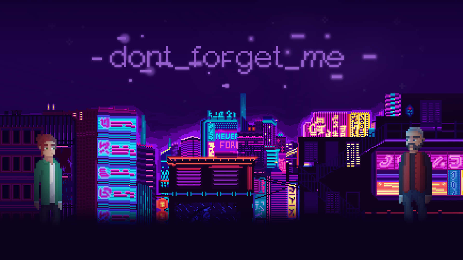 City Night 桌布 壁紙 — 夜晚的像素藝術城市景觀，有兩個人物在發光的霓虹燈牌和漂浮的文字訊息下方。