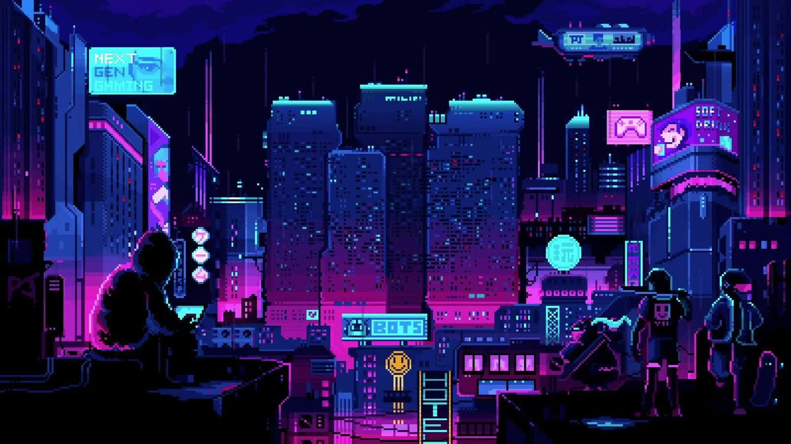 City Night 桌布 壁紙 — 夜晚的像素藝術城市景觀，紫色和藍色霓虹燈摩天大樓在黑暗的天空下閃耀。