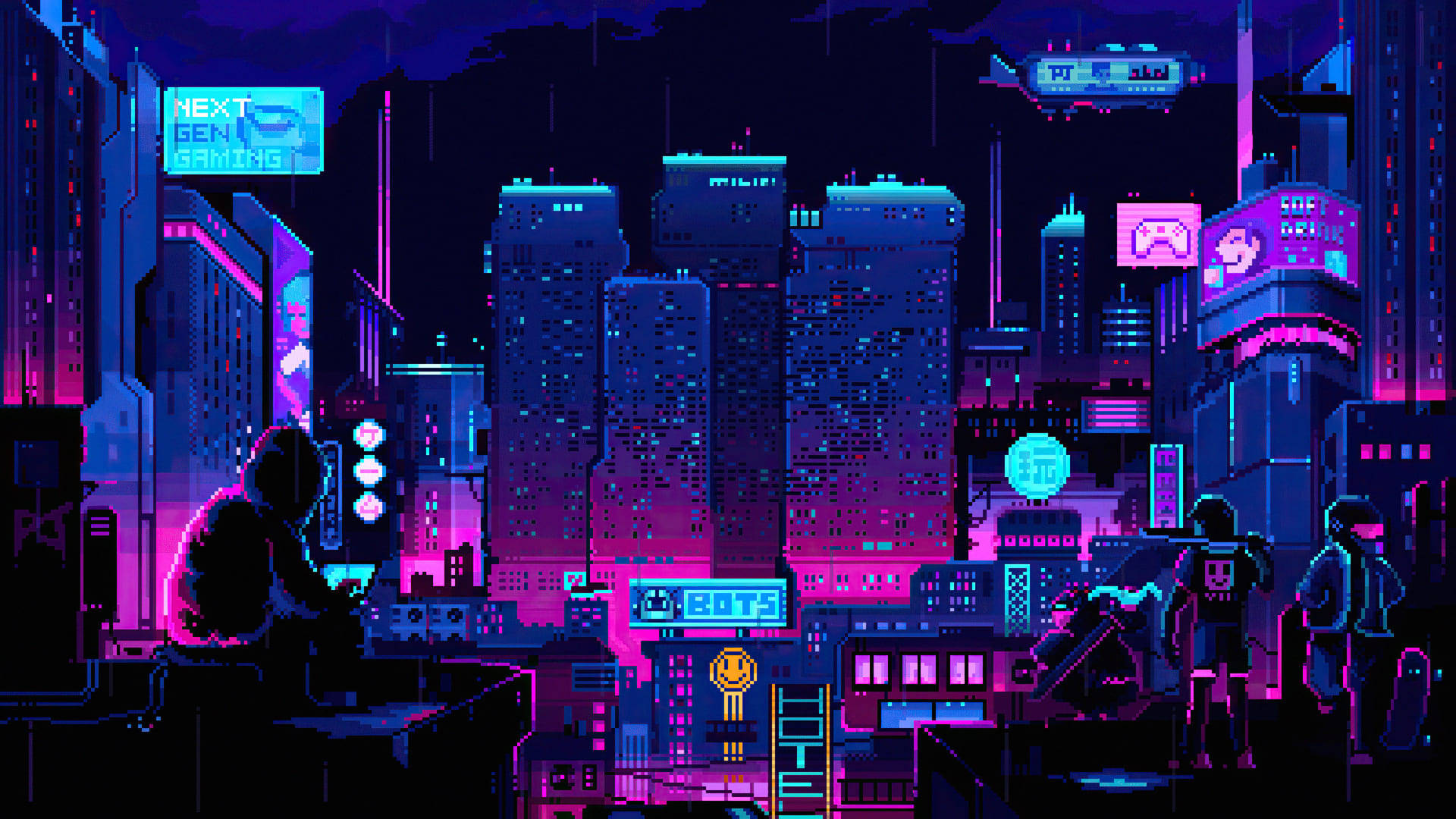 Fantasy Art 桌布 壁紙 — 夜晚的像素藝術城市景觀，霓虹粉紅和藍色的摩天大樓在雨中發光，前景有人物。